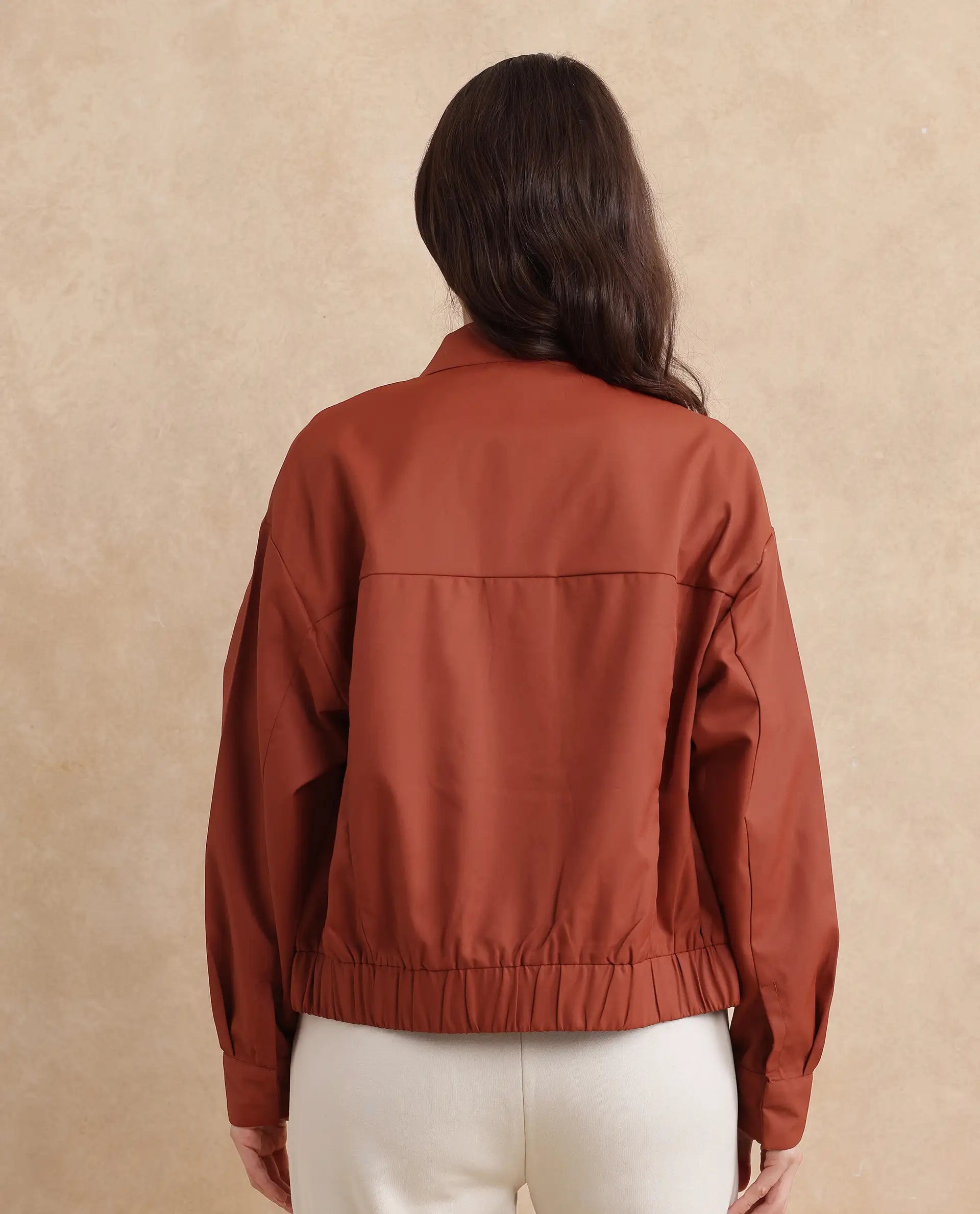 Rareism Women's Rukks Rust Stand Collar Plain Cuffed Sleeve Boxy Fit Jacket