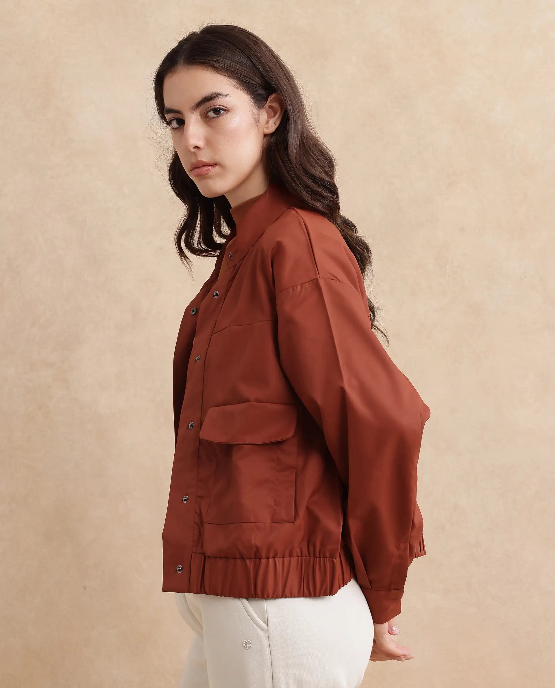 Rareism Women's Rukks Rust Stand Collar Plain Cuffed Sleeve Boxy Fit Jacket