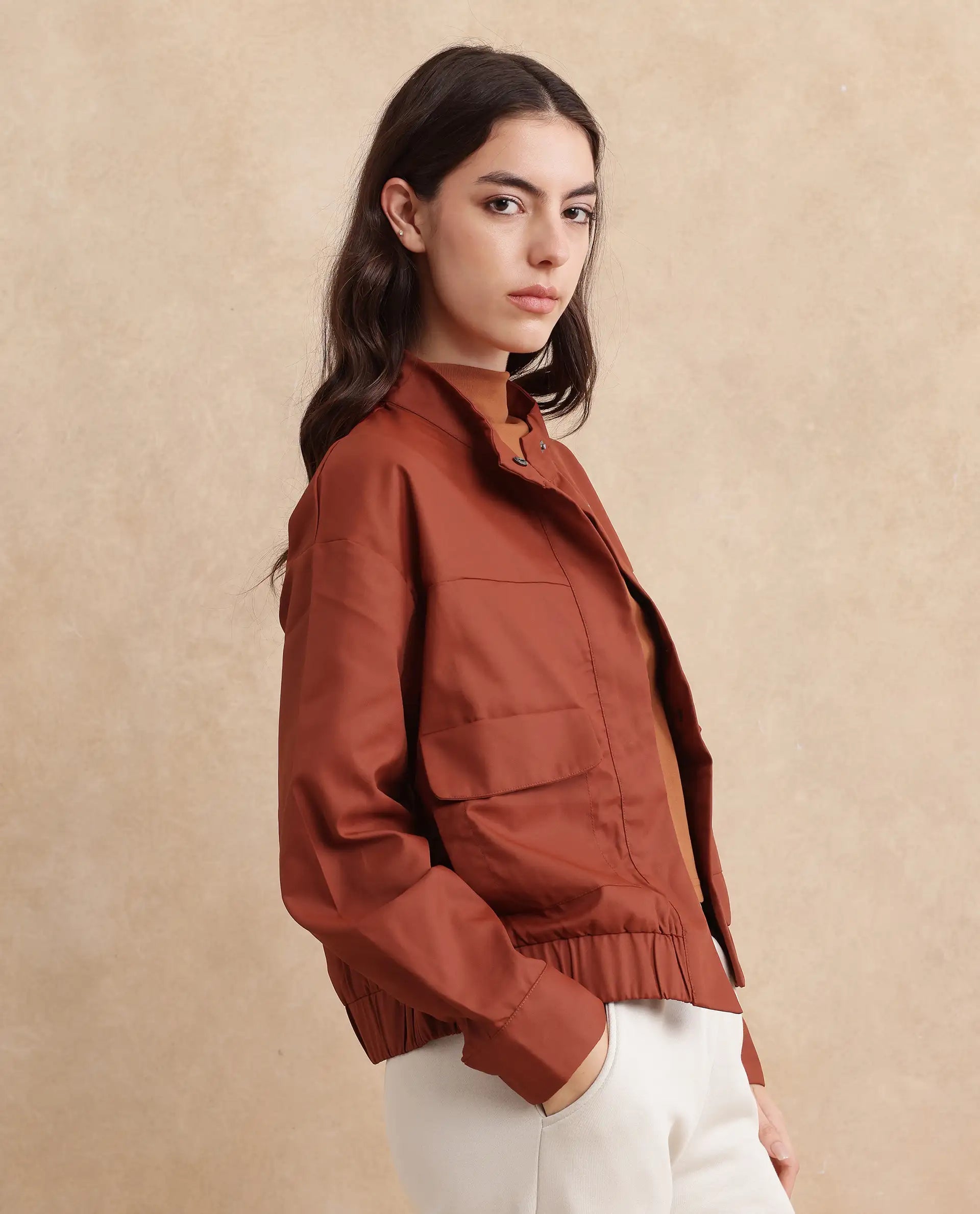 Rareism Women's Rukks Rust Stand Collar Plain Cuffed Sleeve Boxy Fit Jacket