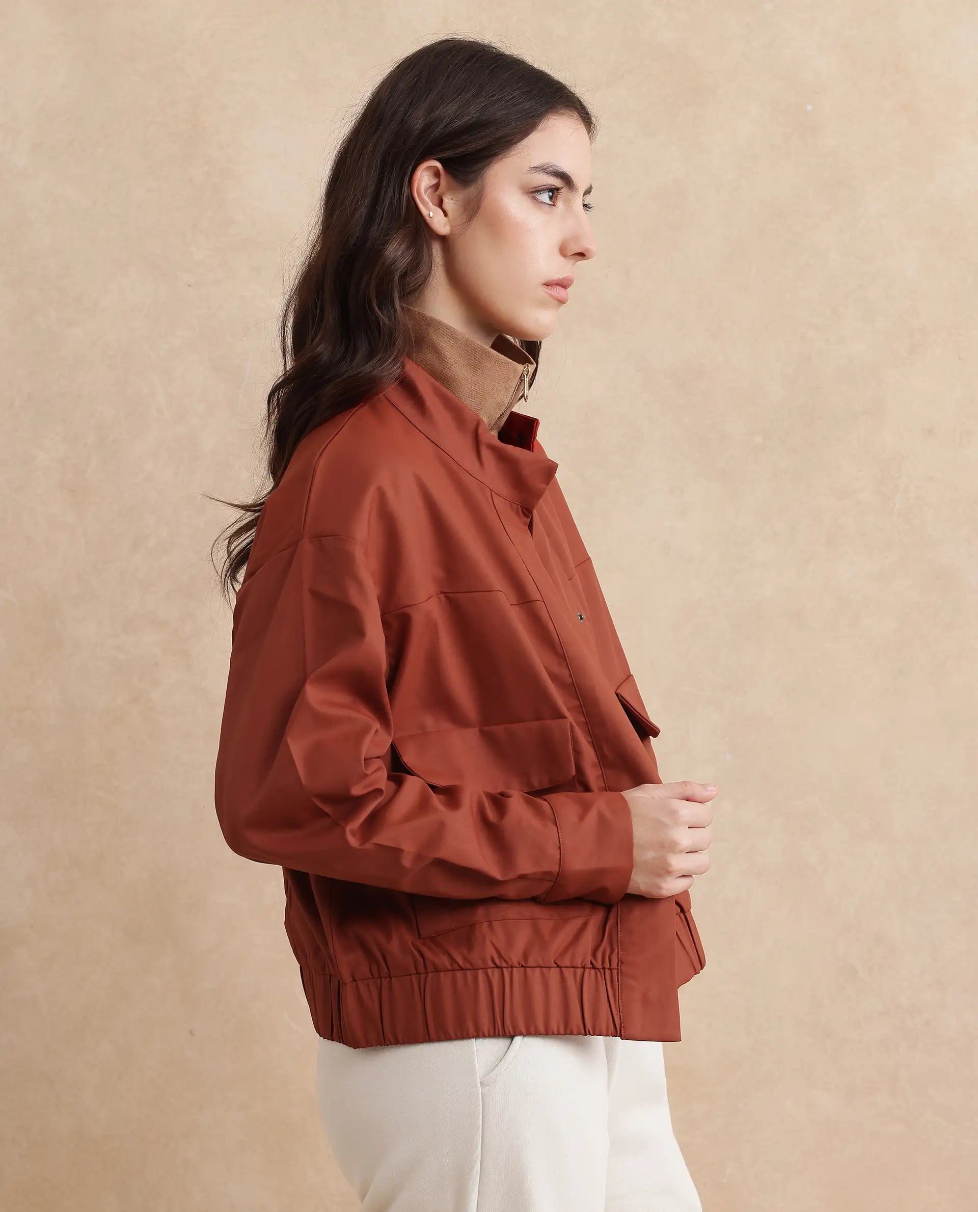 Rareism Women's Rukks Rust Stand Collar Plain Cuffed Sleeve Boxy Fit Jacket