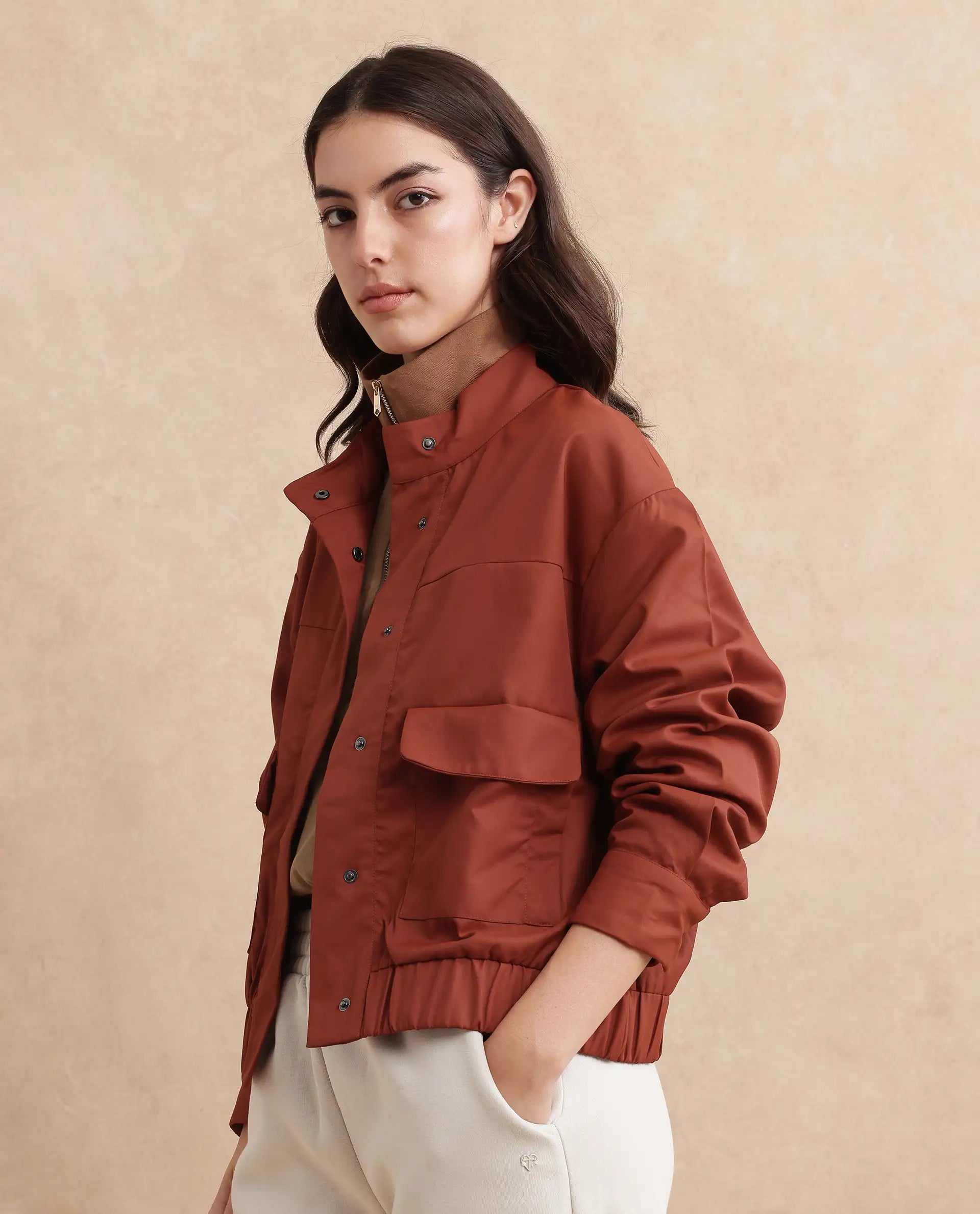 Rareism Women's Rukks Rust Stand Collar Plain Cuffed Sleeve Boxy Fit Jacket