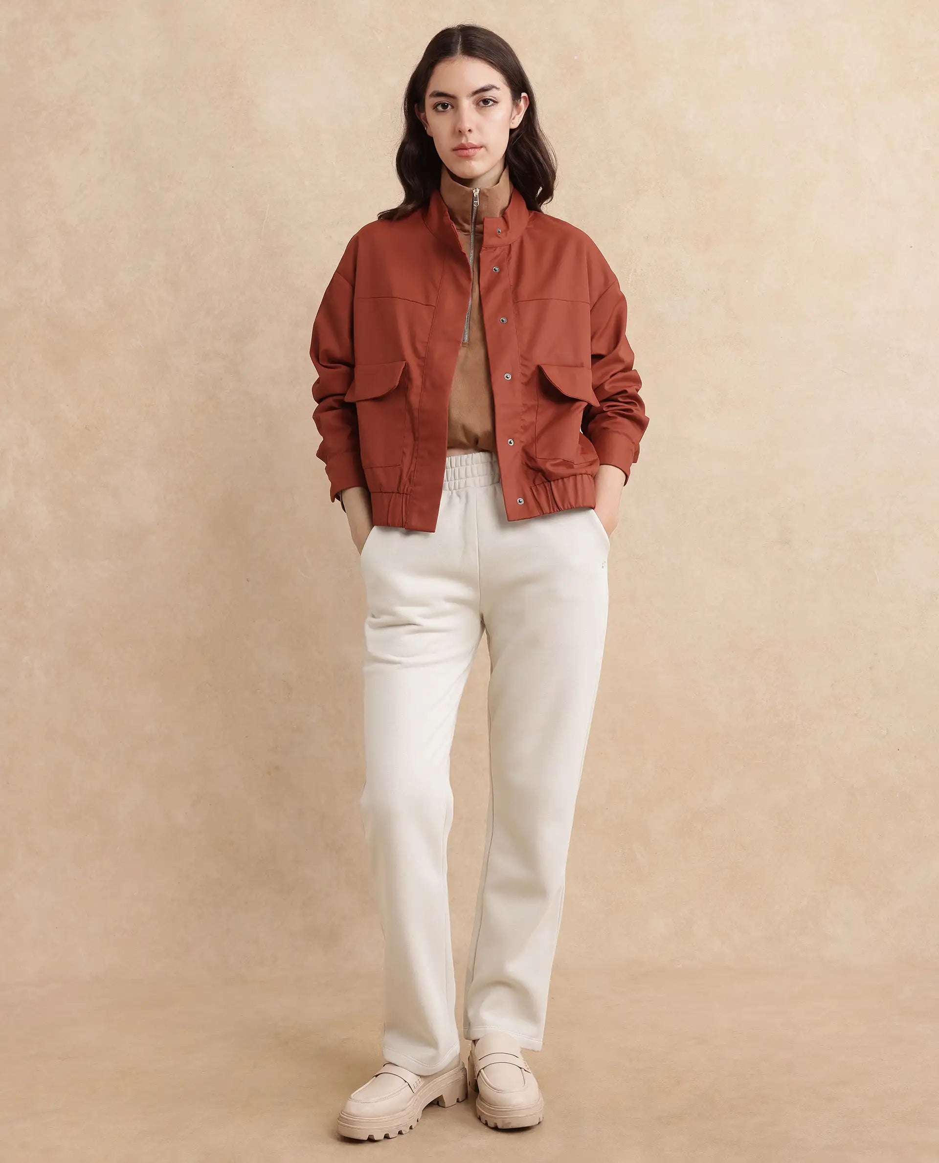 Rareism Women's Rukks Rust Stand Collar Plain Cuffed Sleeve Boxy Fit Jacket