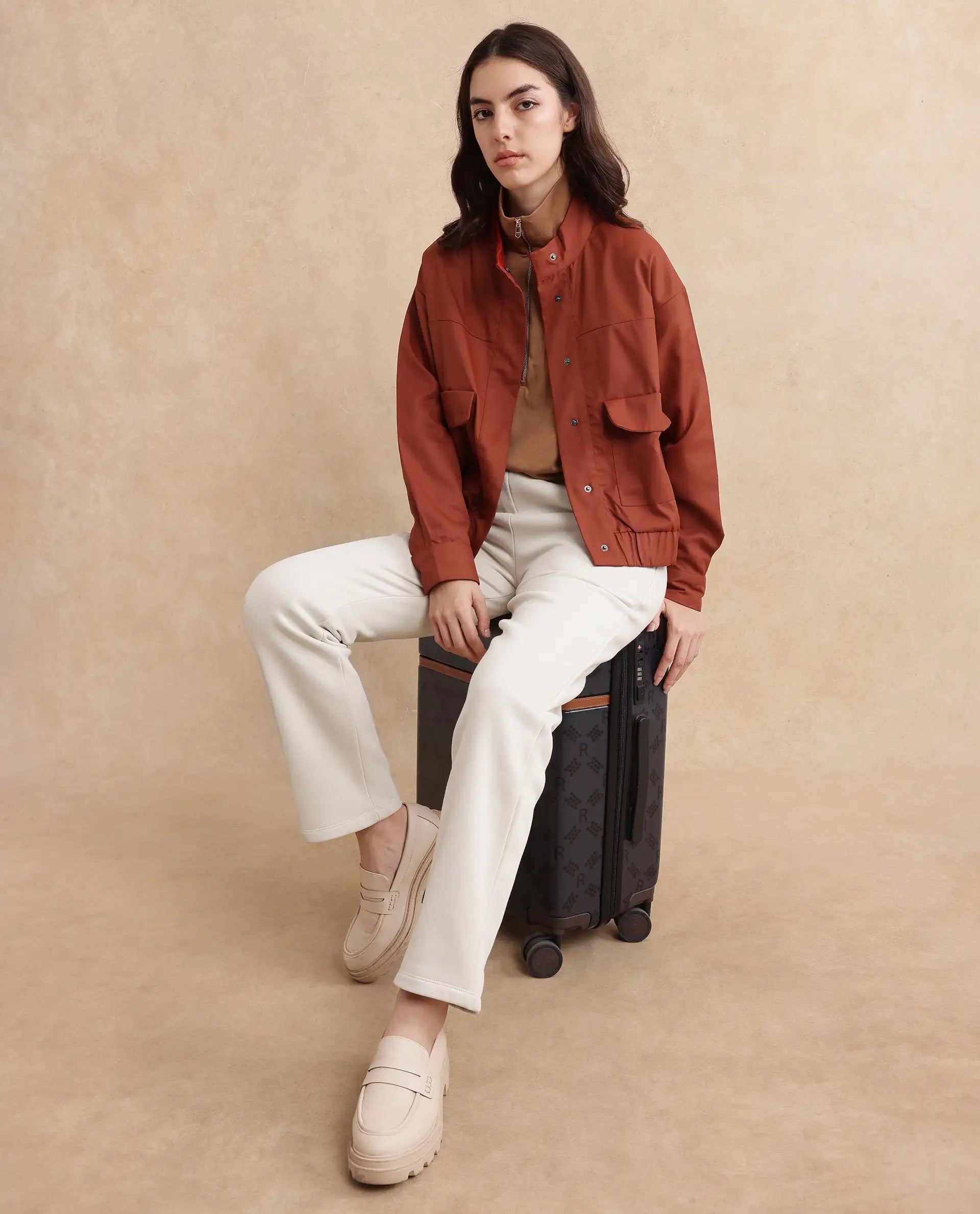 Rareism Women's Rukks Rust Stand Collar Plain Cuffed Sleeve Boxy Fit Jacket
