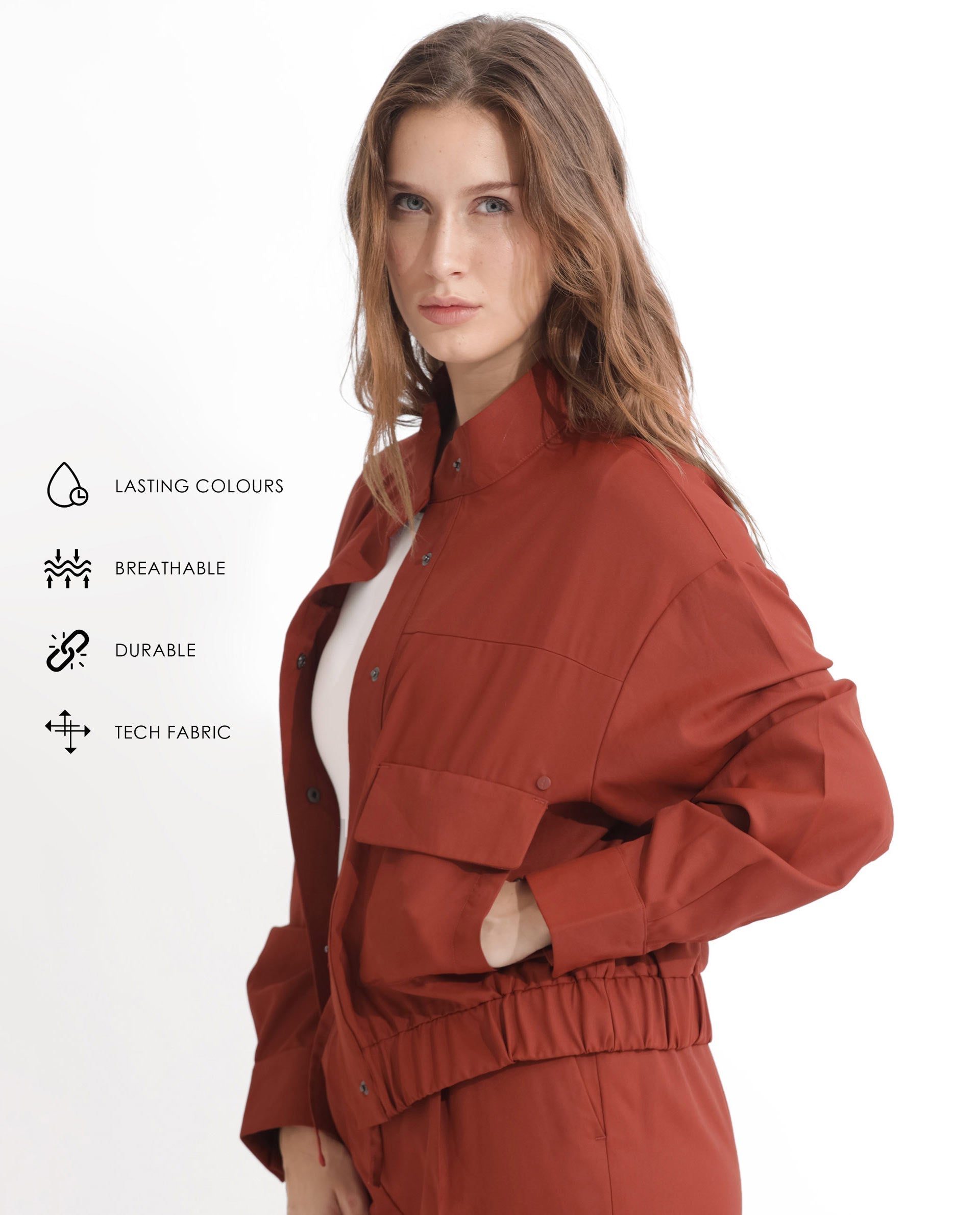 Rareism Articale Women Ruks Rust Polyester Fabric Full Sleeves Button Closure High Neck Regular Fit Plain Jacket