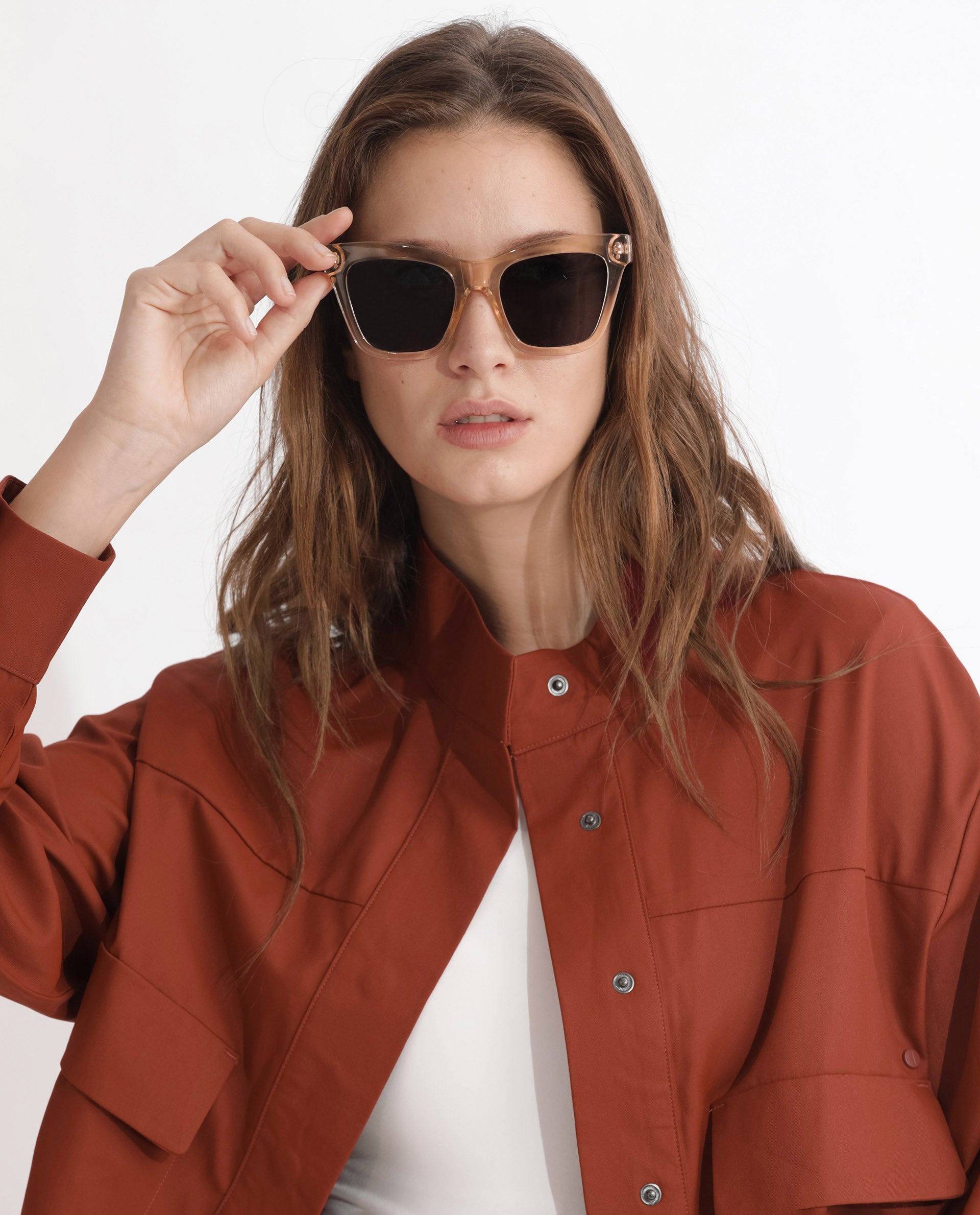 Rareism Articale Women Ruks Rust Polyester Fabric Full Sleeves Button Closure High Neck Regular Fit Plain Jacket