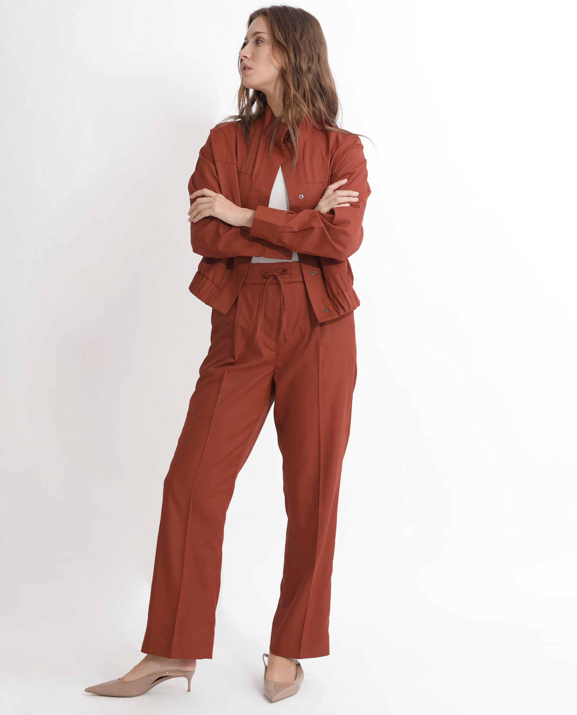 Rareism Articale Women Ruks Rust Polyester Fabric Full Sleeves Button Closure High Neck Regular Fit Plain Jacket