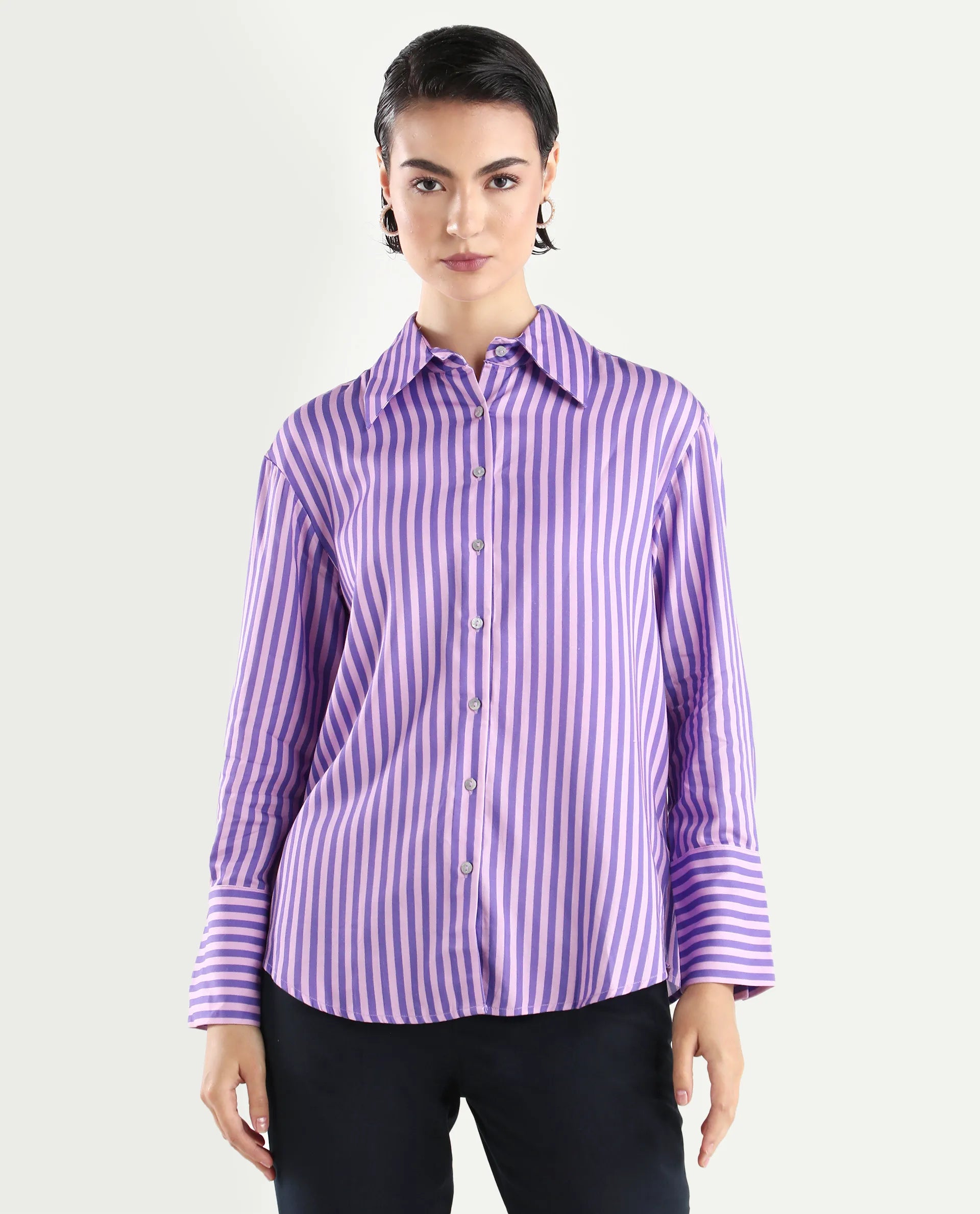 Rareism Women's Runio Dusky Purple Polyester Drop Collar Striped Cuffed Sleeve Regular Fit Shirt