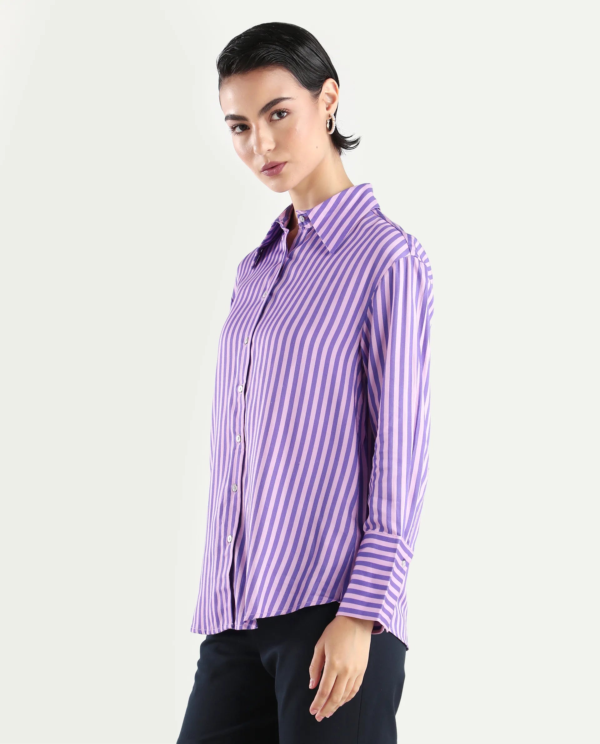 Rareism Women's Runio Dusky Purple Polyester Drop Collar Striped Cuffed Sleeve Regular Fit Shirt