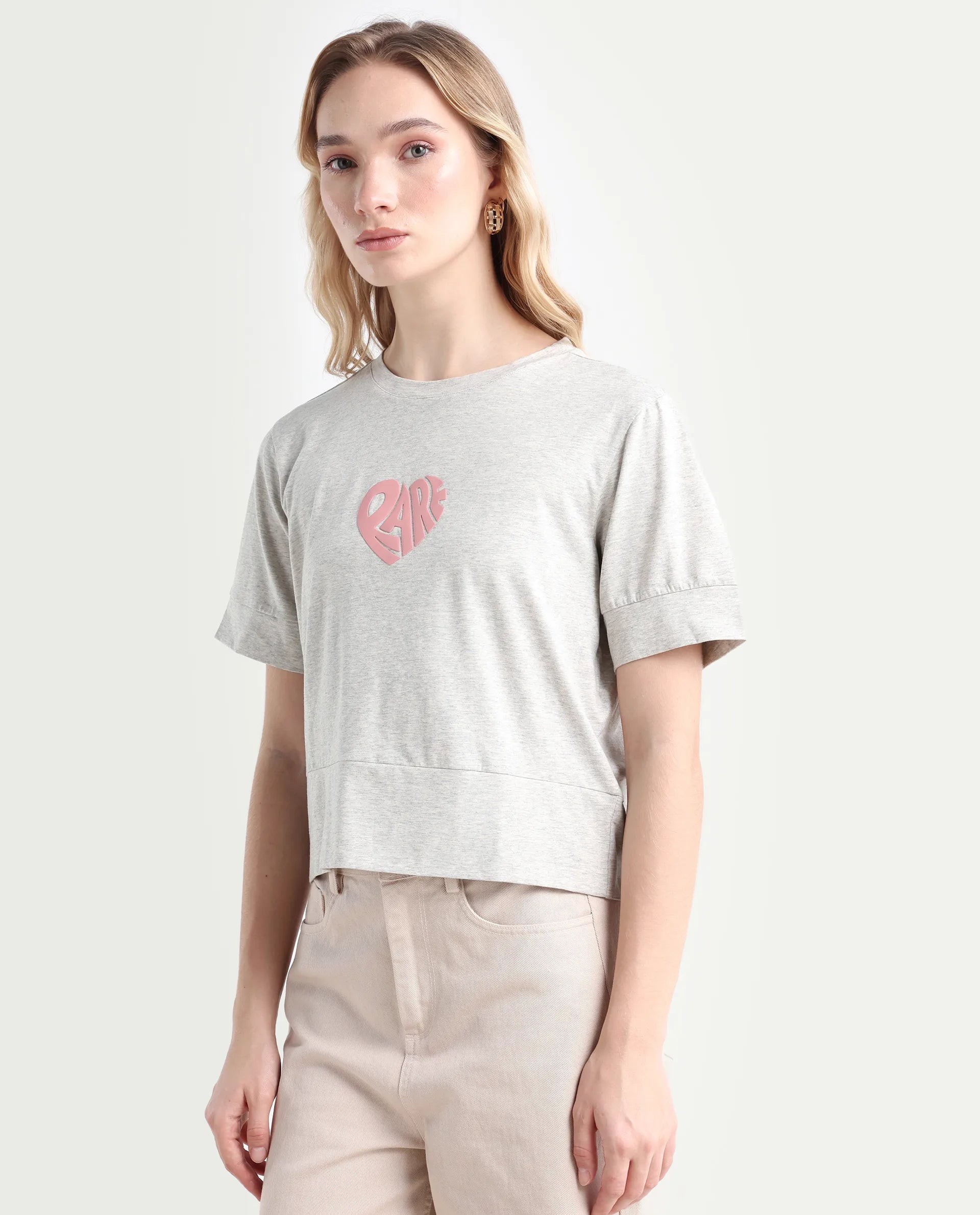 Rareism Women's Runo Melange Grey Cotton Blend Crew Neck Graphic Print Regular Fit T-Shirt