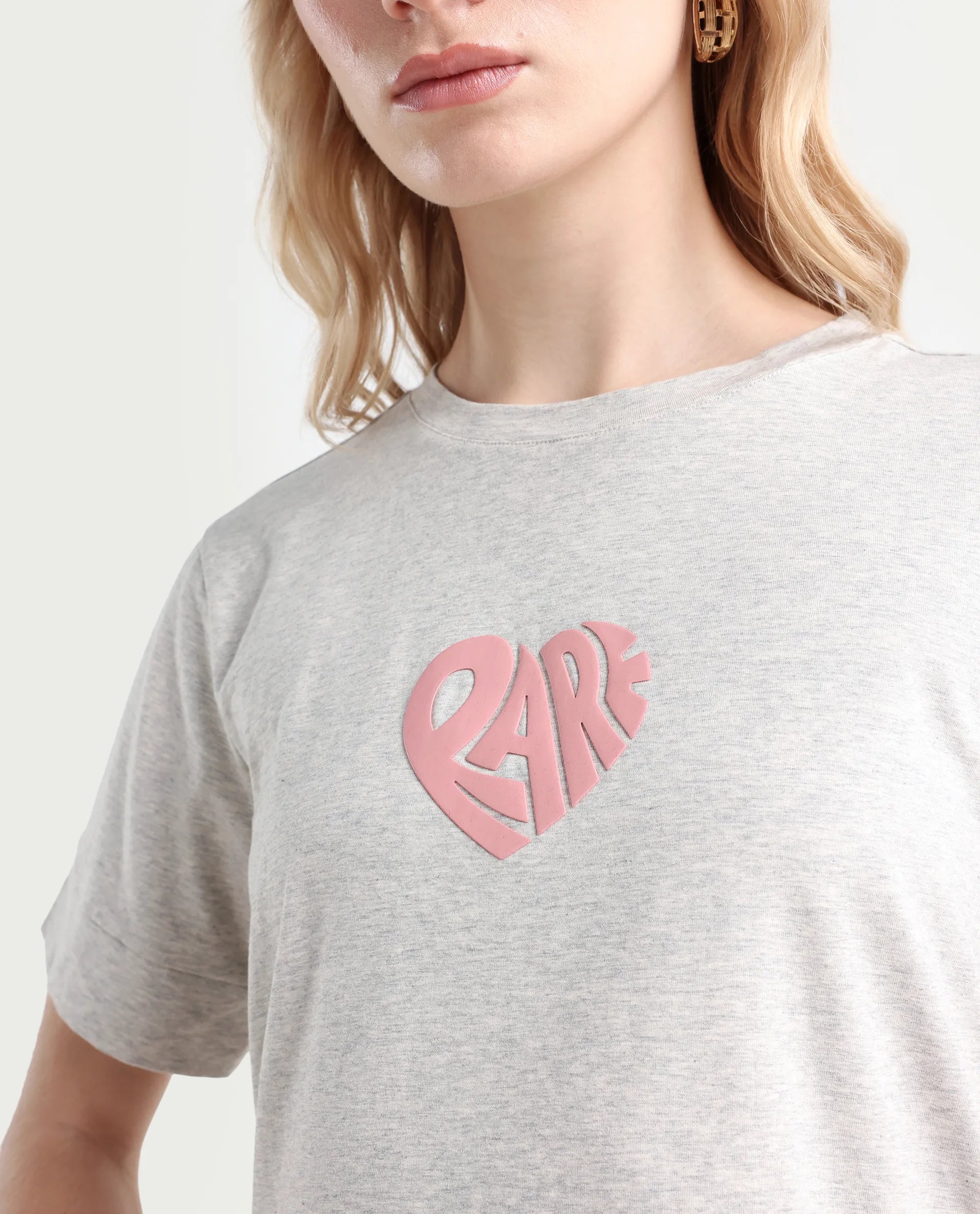 Rareism Women's Runo Melange Grey Cotton Blend Crew Neck Graphic Print Regular Fit T-Shirt