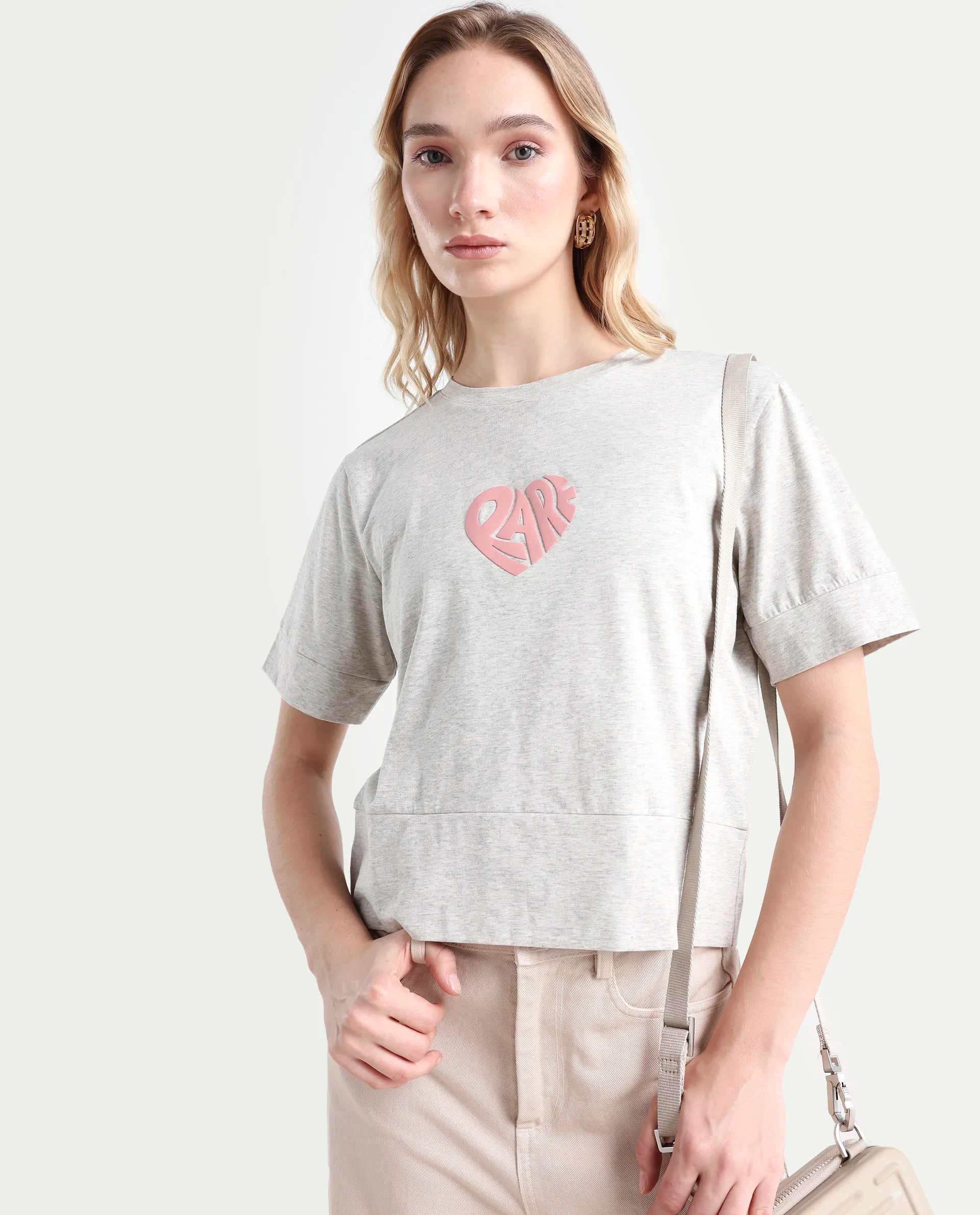 Rareism Women's Runo Melange Grey Cotton Blend Crew Neck Graphic Print Regular Fit T-Shirt