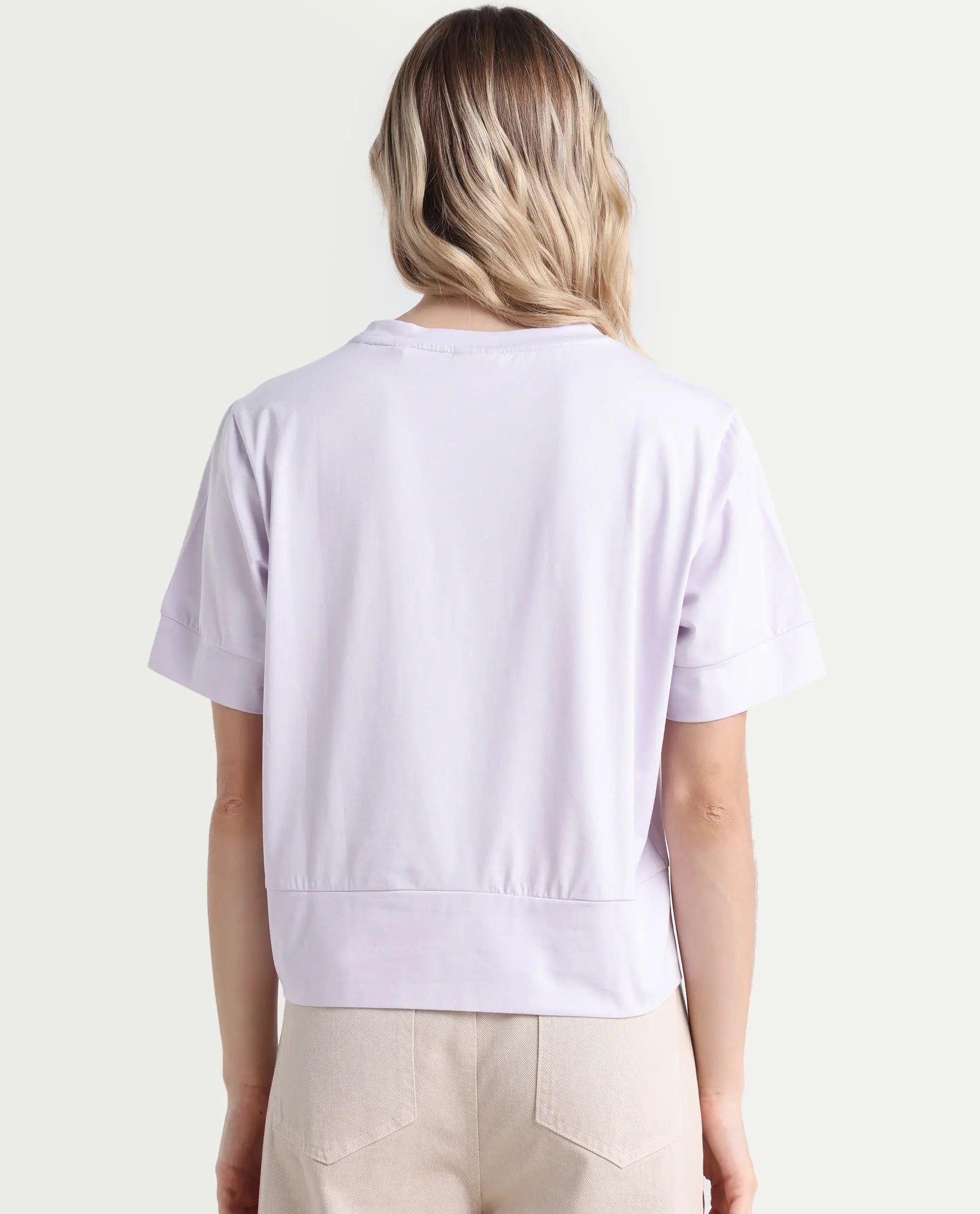 Rareism Women's Runo Pastel Purple Cotton Blend Crew Neck Graphic Print Regular Fit T-Shirt