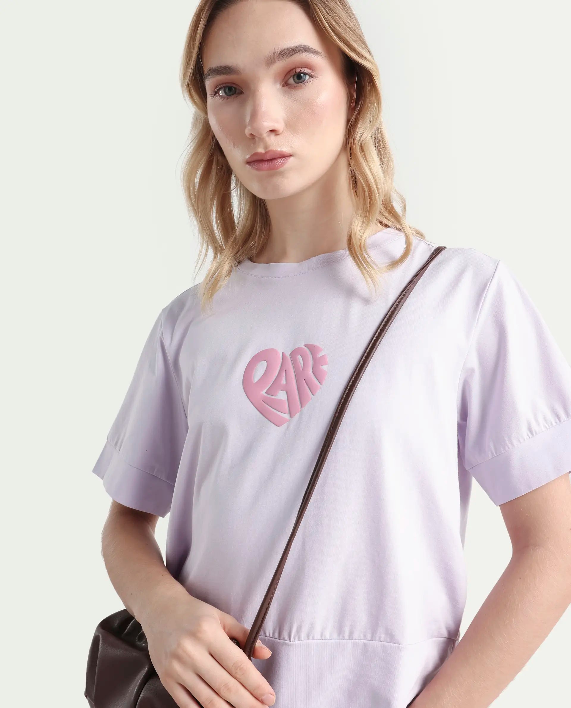 Rareism Women's Runo Pastel Purple Cotton Blend Crew Neck Graphic Print Regular Fit T-Shirt