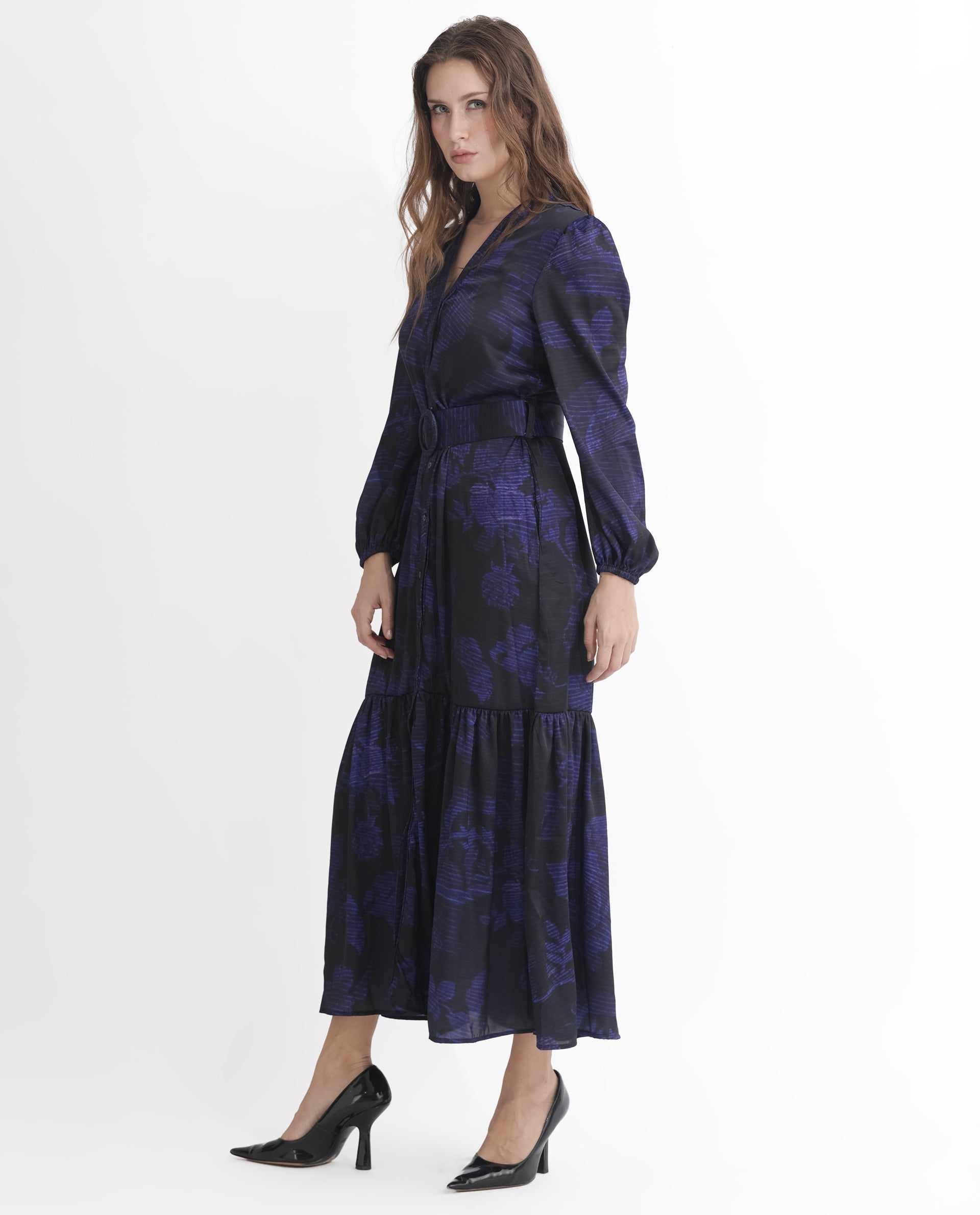 Rareism Women's Rupper Dark Navy Polyester V-Neck Abstract Print Bishop Sleeve Maxi Relaxed Fit Dress