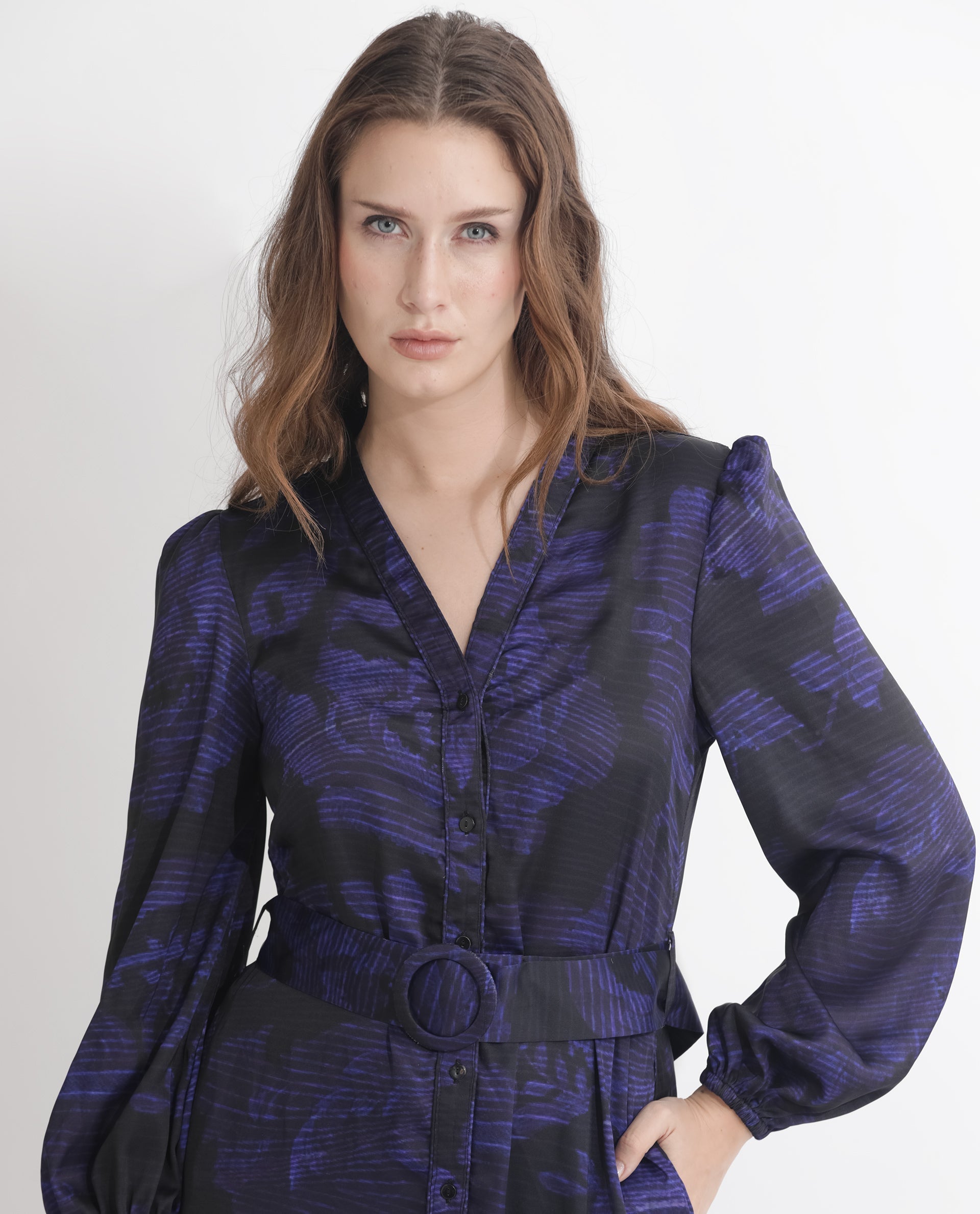 Rareism Women's Rupper Dark Navy Polyester V-Neck Abstract Print Bishop Sleeve Maxi Relaxed Fit Dress
