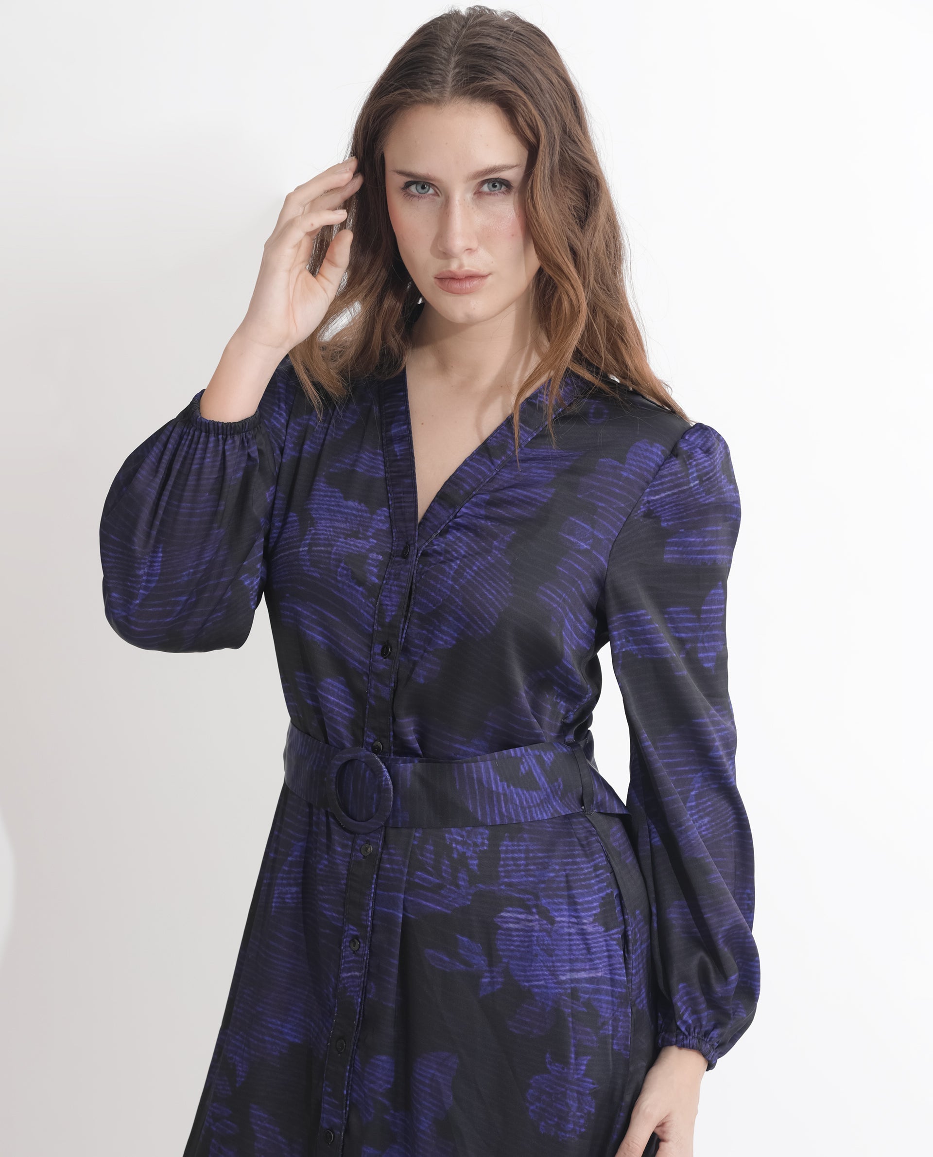 Rareism Women's Rupper Dark Navy Polyester V-Neck Abstract Print Bishop Sleeve Maxi Relaxed Fit Dress