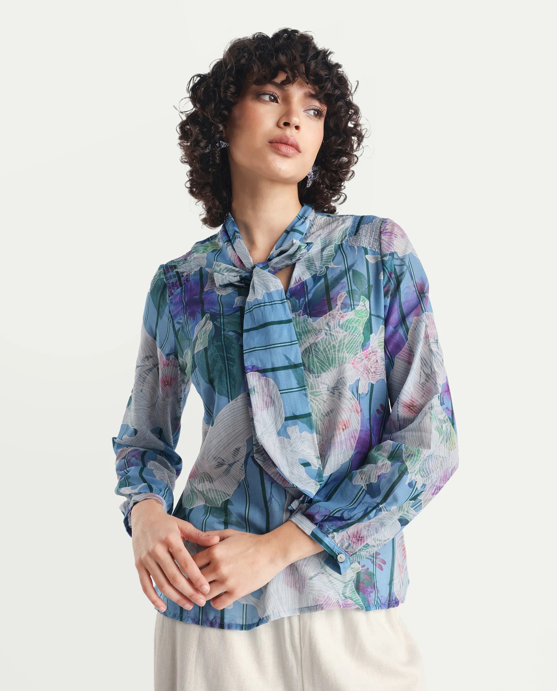 Rareism Women's Rush Blue Cotton Tie-Up Neck Floral Print Cuffed Sleeve Regular Fit Top