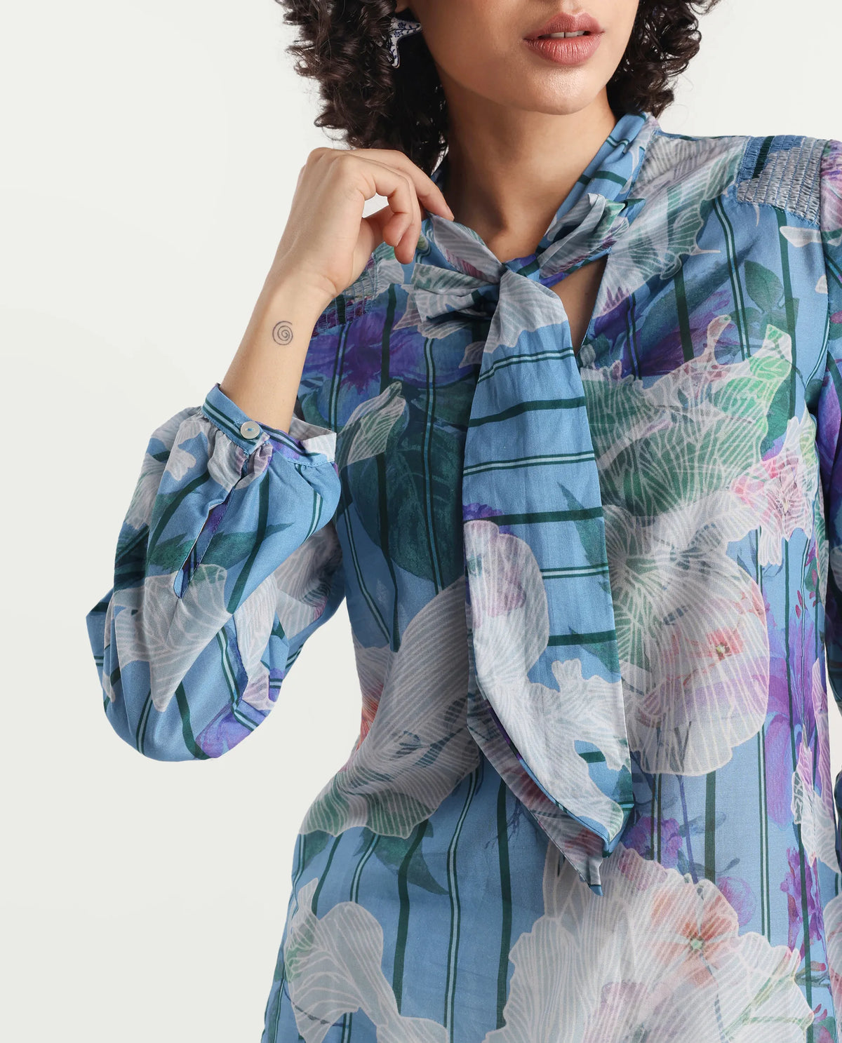 Rareism Women's Rush Blue Cotton Tie-Up Neck Floral Print Cuffed Sleeve Regular Fit Top