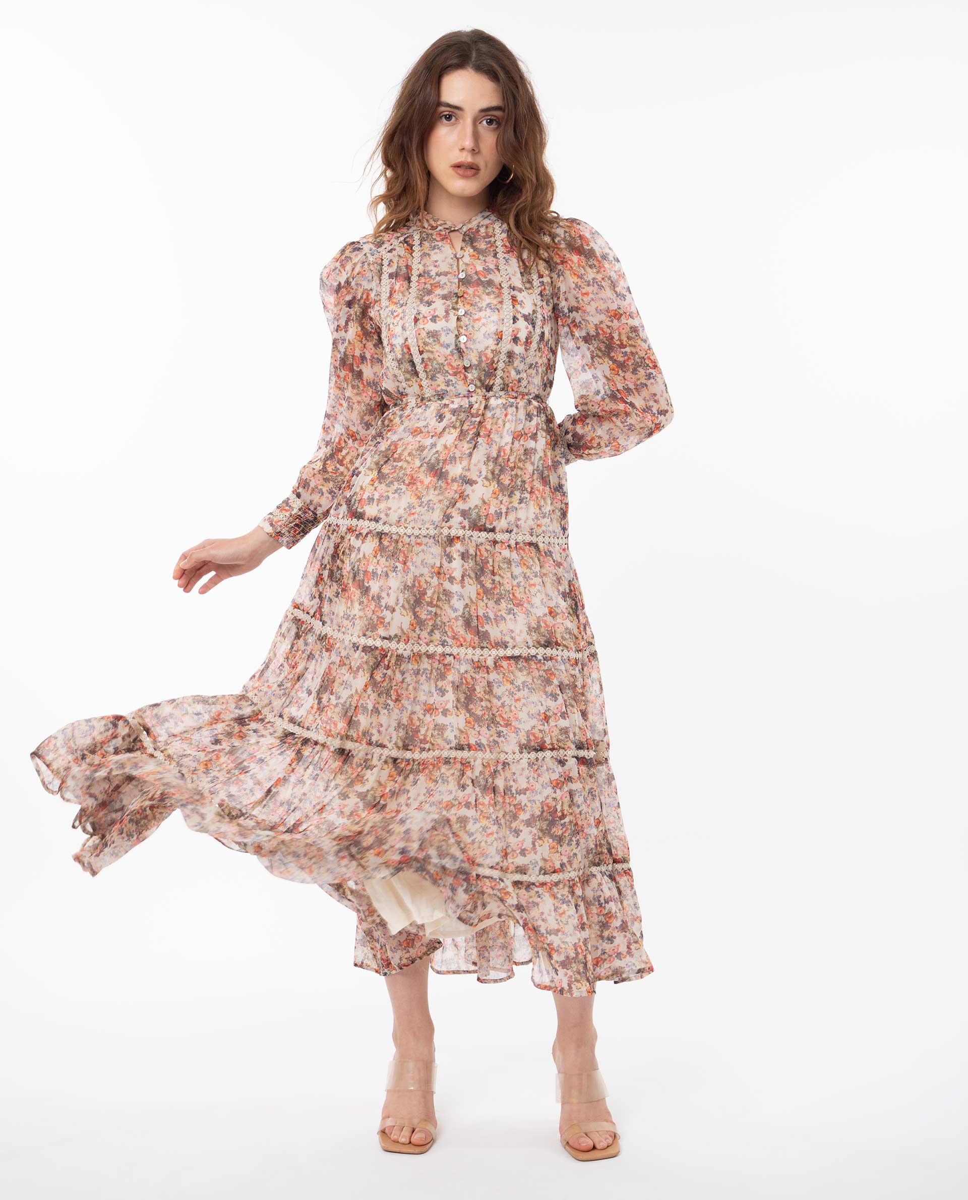 Rareism Women Russell Multi Printed Band Collar With Button Puff Full Sleeves Tiered Midi Dress