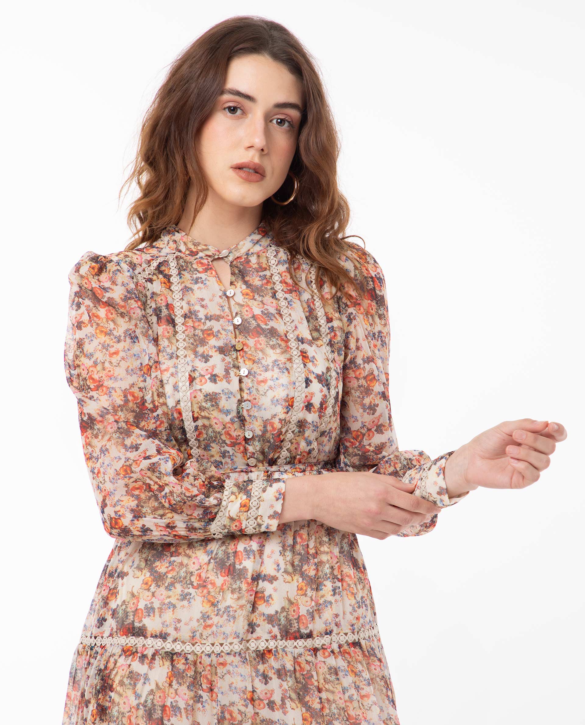 Rareism Women Russell Multi Printed Band Collar With Button Puff Full Sleeves Tiered Midi Dress