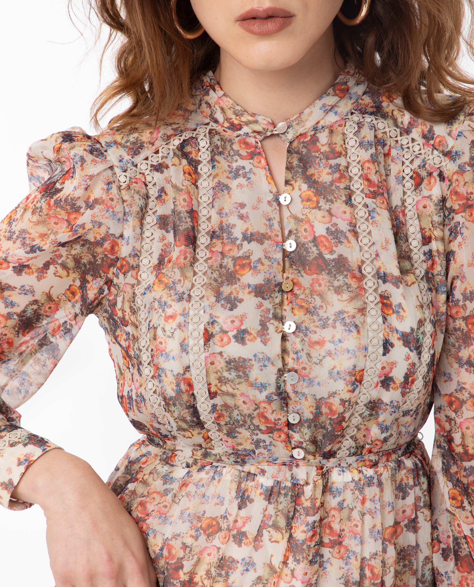 Rareism Women Russell Multi Printed Band Collar With Button Puff Full Sleeves Tiered Midi Dress