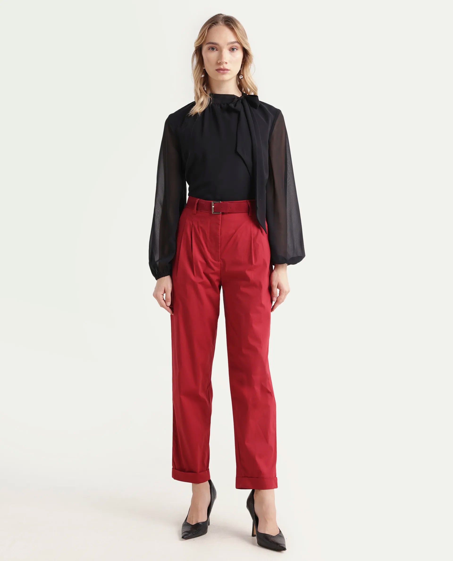 Rareism Women's Ruvz Rust Cotton Blend Plain Ankle Length Straight Fit Trouser