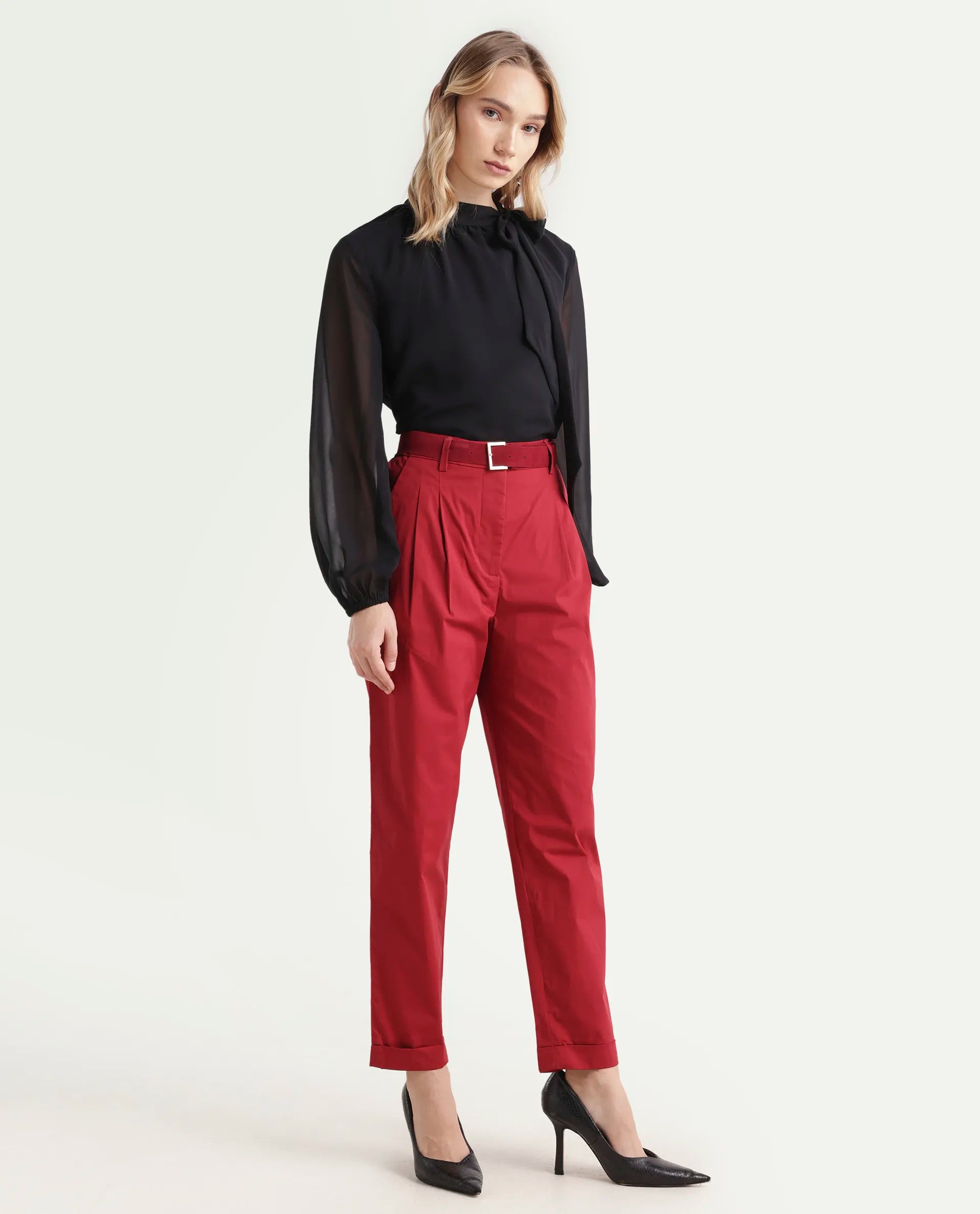Rareism Women's Ruvz Rust Cotton Blend Plain Ankle Length Straight Fit Trouser