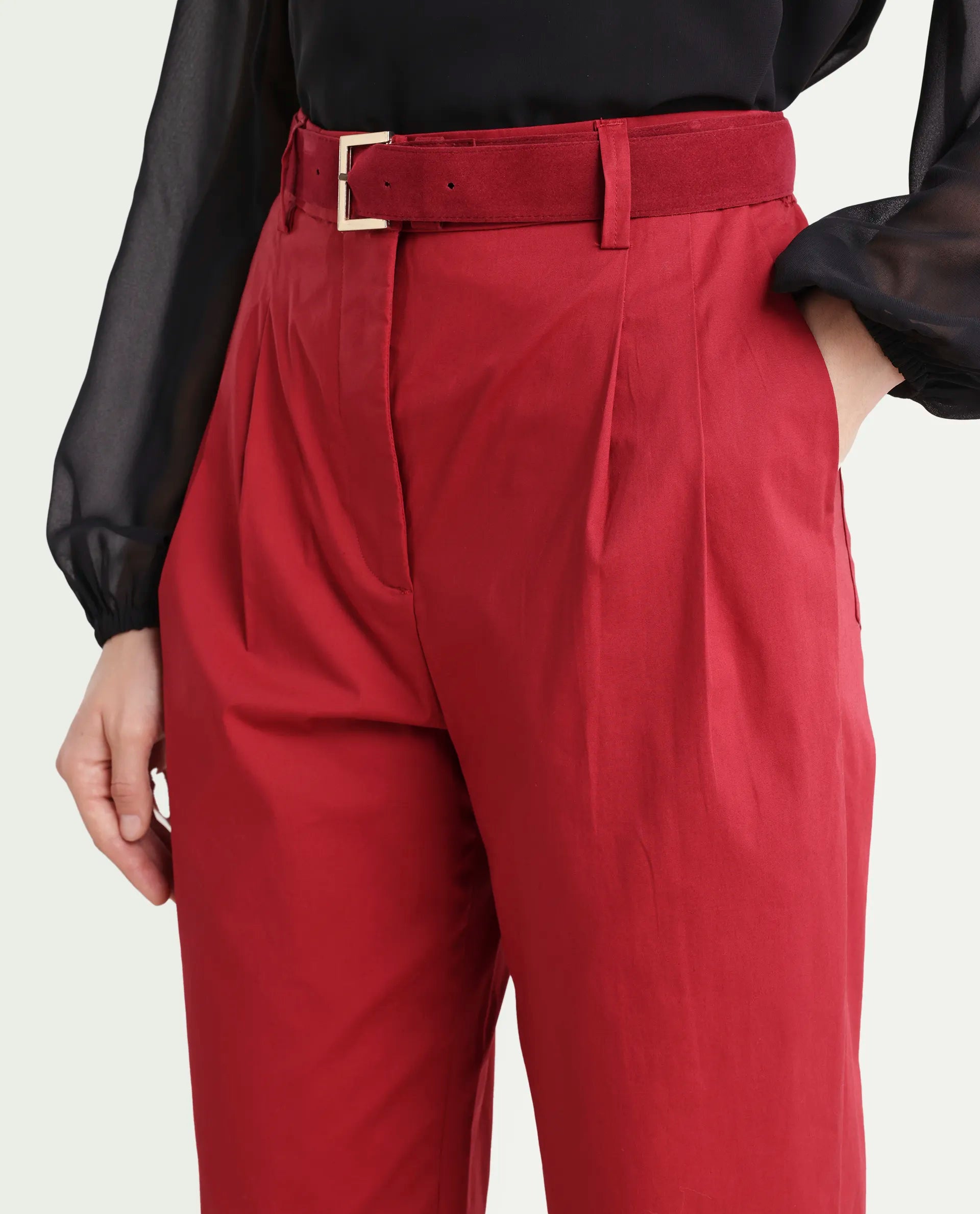 Rareism Women's Ruvz Rust Cotton Blend Plain Ankle Length Straight Fit Trouser