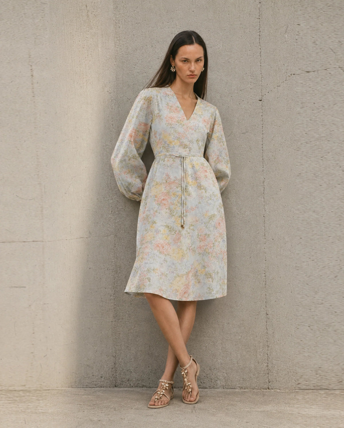 Rareism Women's Ruzim Pastel Blue Viscose Blend Fabric V-Neck Fit And Flare Floral Print Dress
