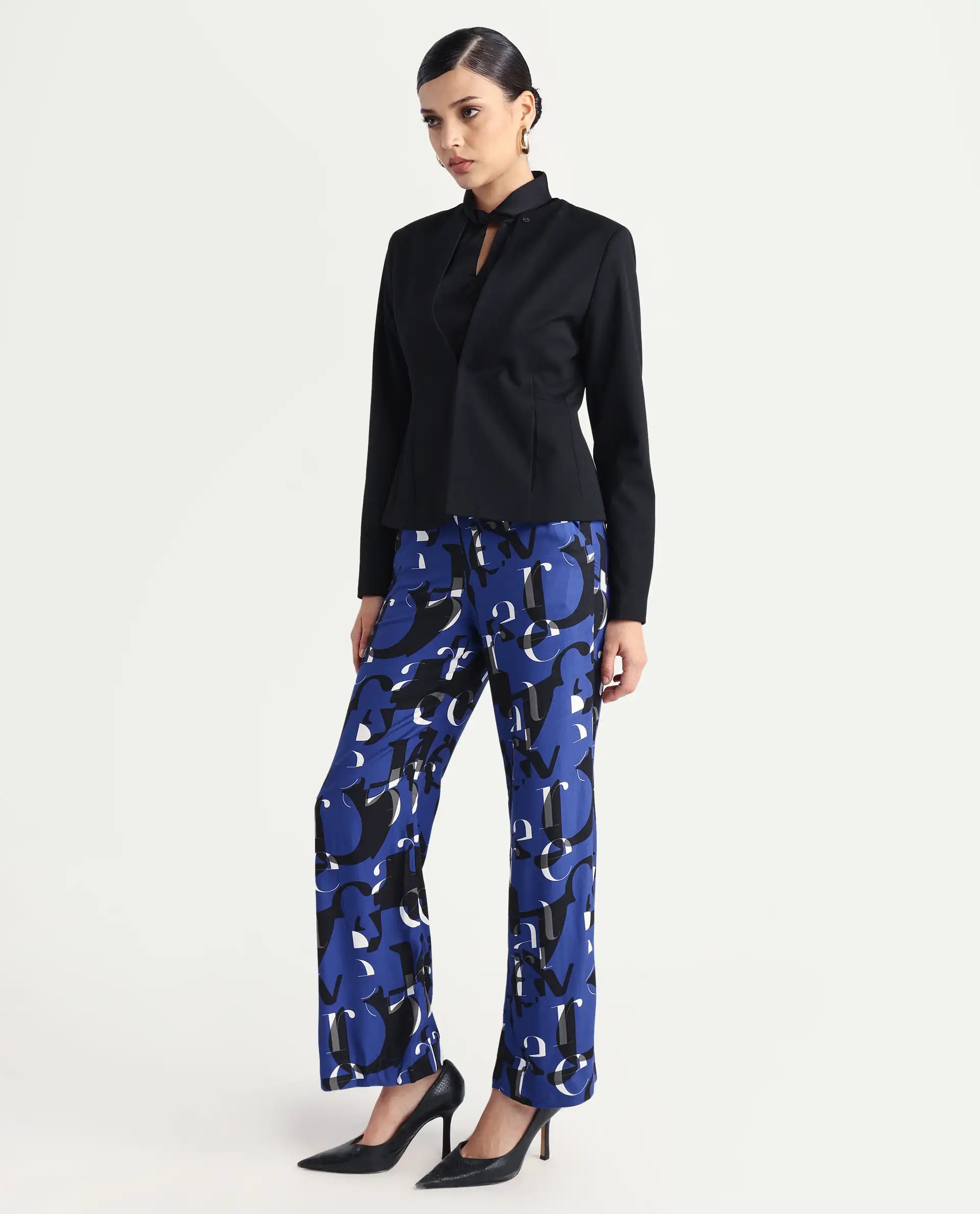 Rareism Women's Ryan Blue Viscose Typography Print Ankle Length Wide Trouser