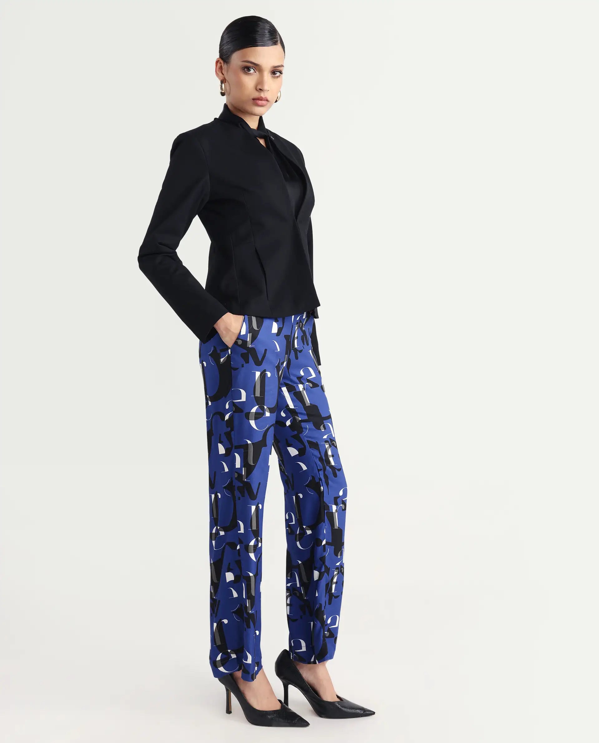 Rareism Women's Ryan Blue Viscose Typography Print Ankle Length Wide Trouser