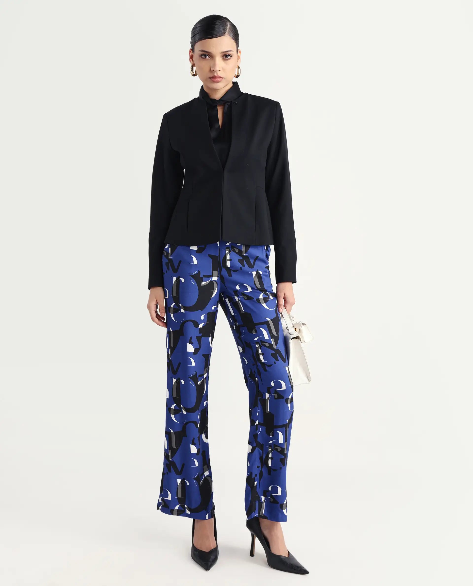 Rareism Women's Ryan Blue Viscose Typography Print Ankle Length Wide Trouser