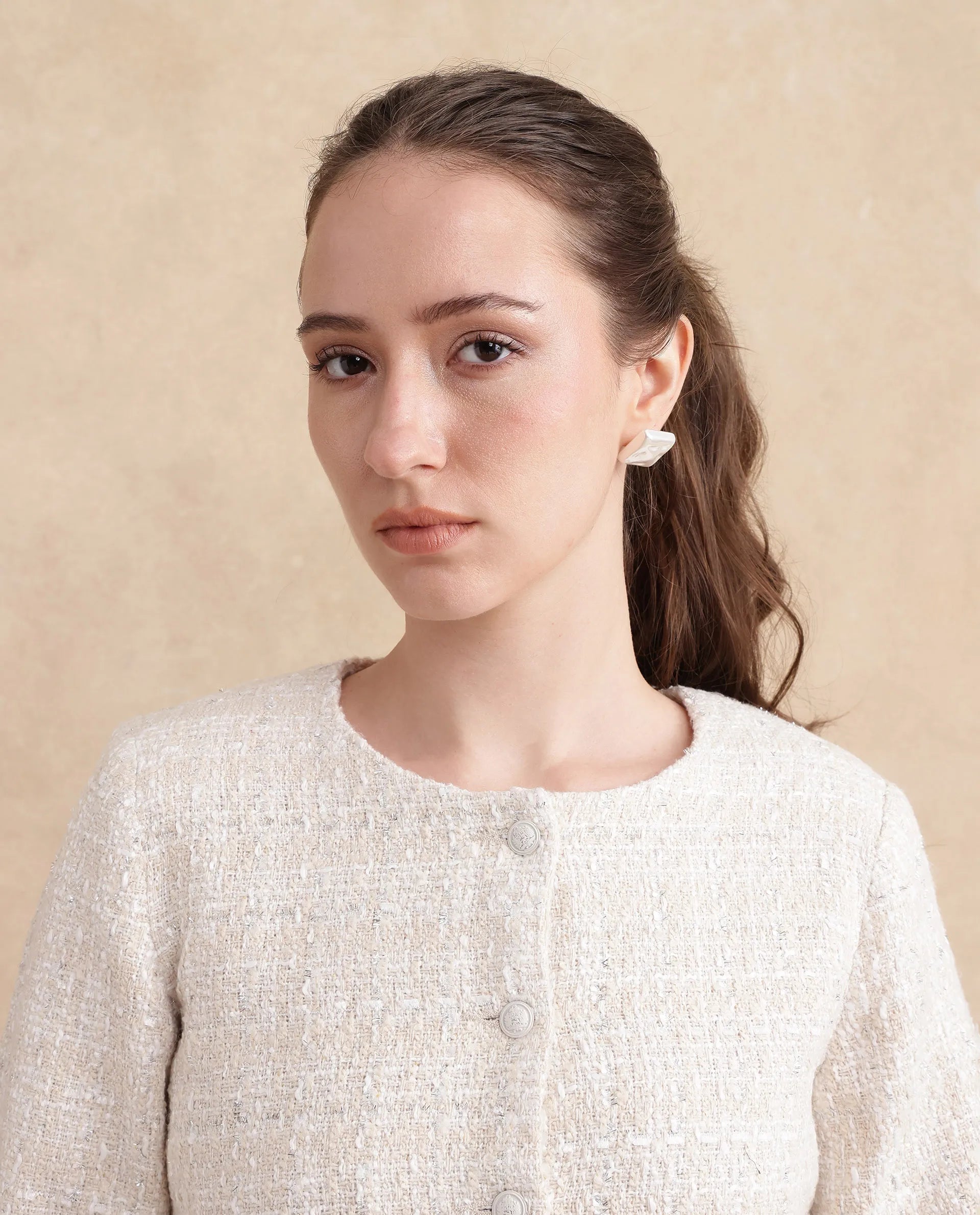 Rareism Women's Rybe Beige Polyester Blend Collarless Plain Crop Regular Fit Jacket