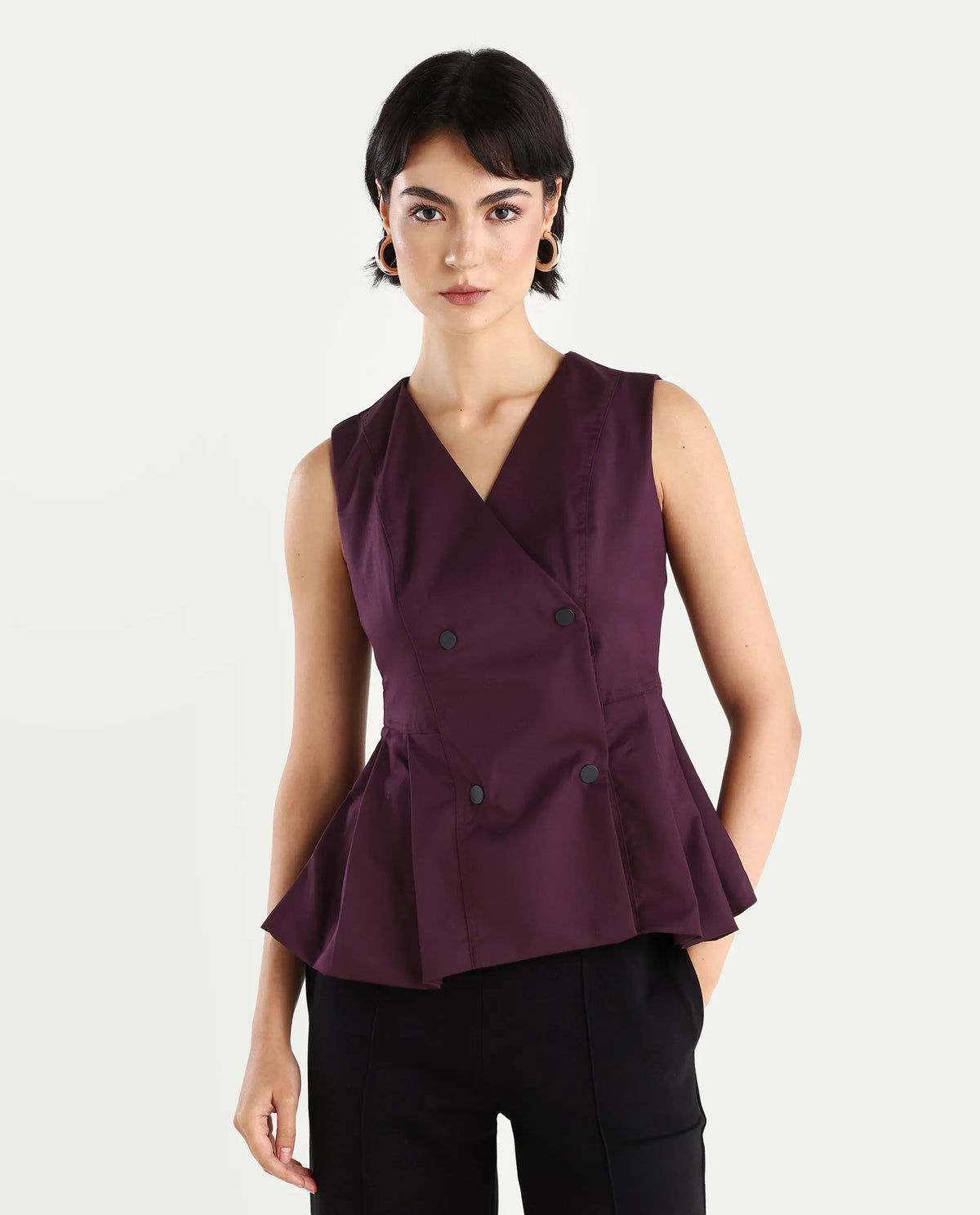 Rareism Women's Rysa Purple Polyester V-Neck Plain Sleeveless Regular Fit And Flare Top