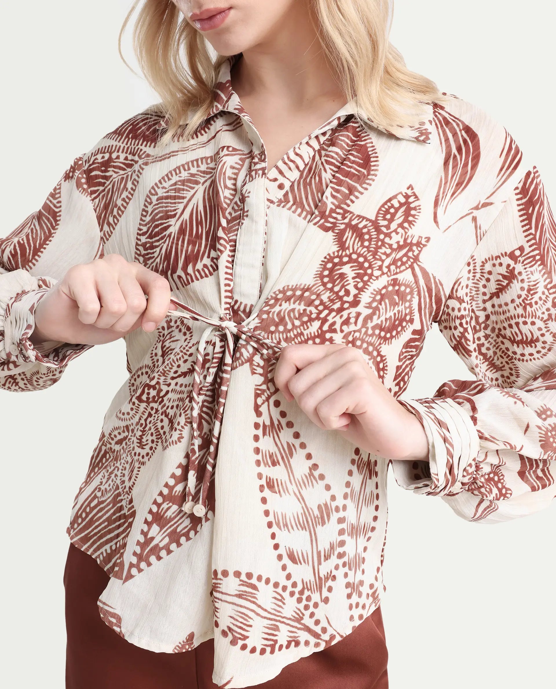 Rareism Women's Ron T Beige Polyester Spread Collar Floral Print Bishop Sleeve Relaxed Fit Top