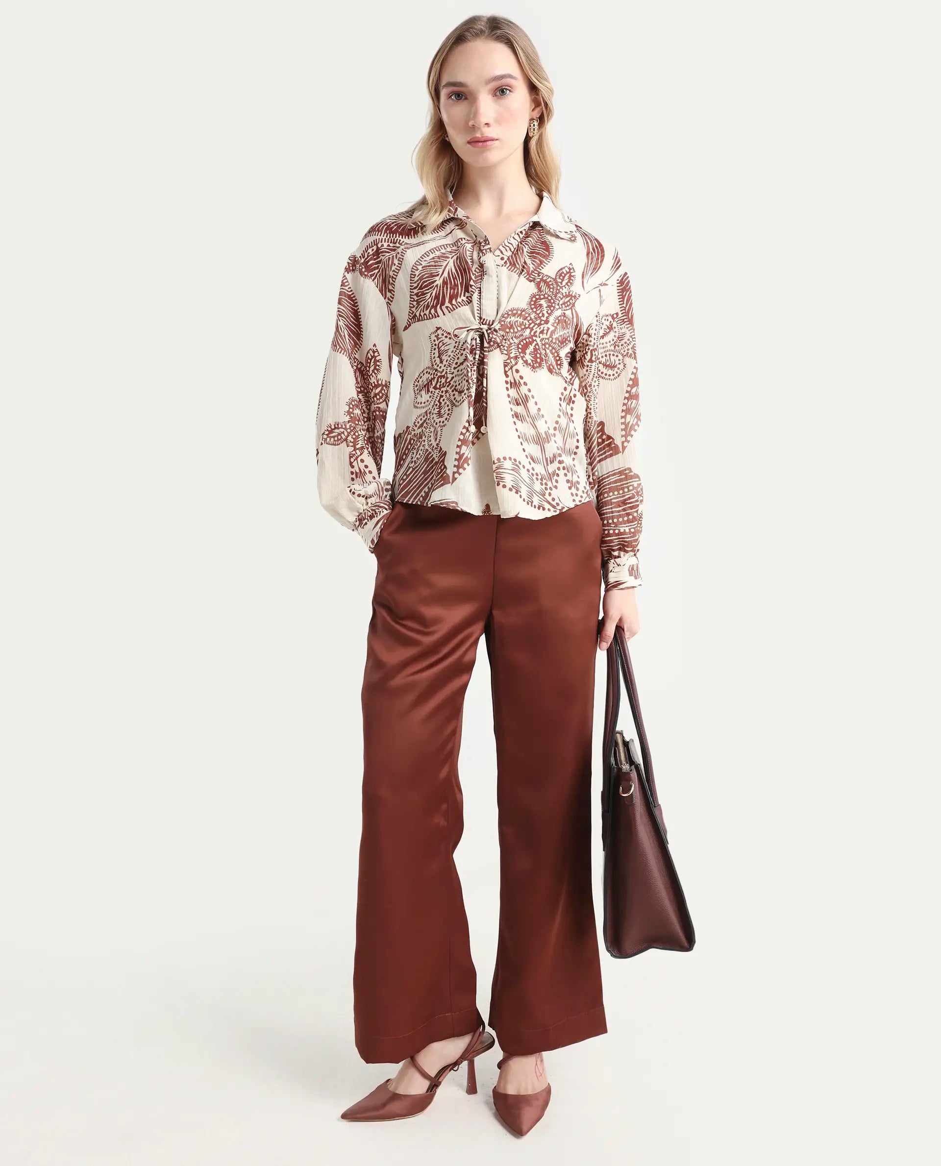 Rareism Women's Ron T Beige Polyester Spread Collar Floral Print Bishop Sleeve Relaxed Fit Top