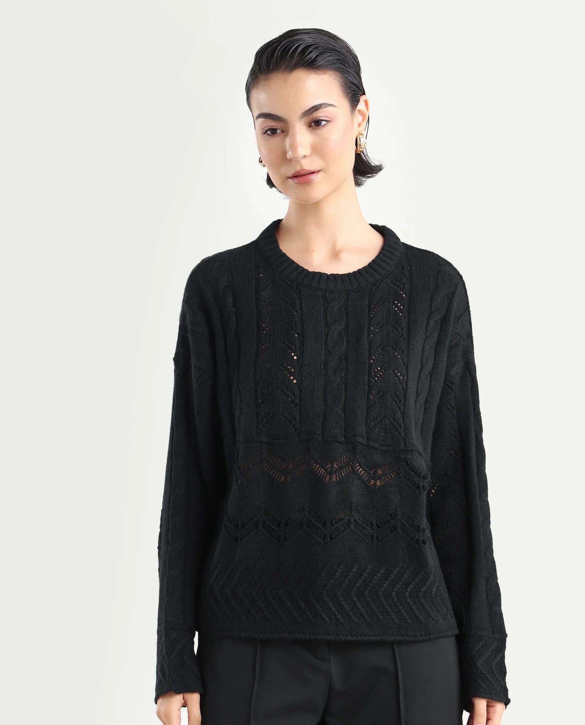 Rareism Women's Saben Black Acrylic Ribbed Collar Plain Boxy Fit Sweater