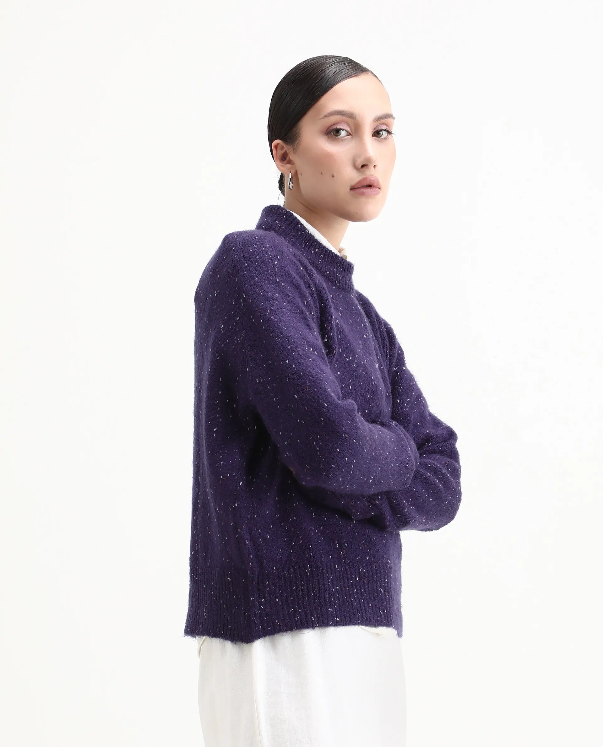 Rareism Women's Tinzol Dark Purple Acrylic Blend Crew Neck Relaxed Fit Sweater