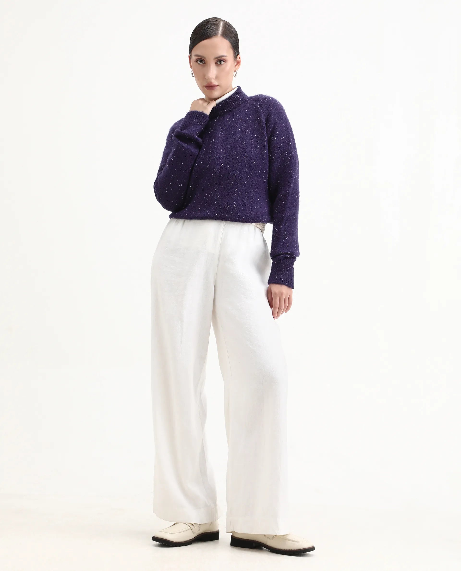 Rareism Women's Tinzol Dark Purple Acrylic Blend Crew Neck Relaxed Fit Sweater