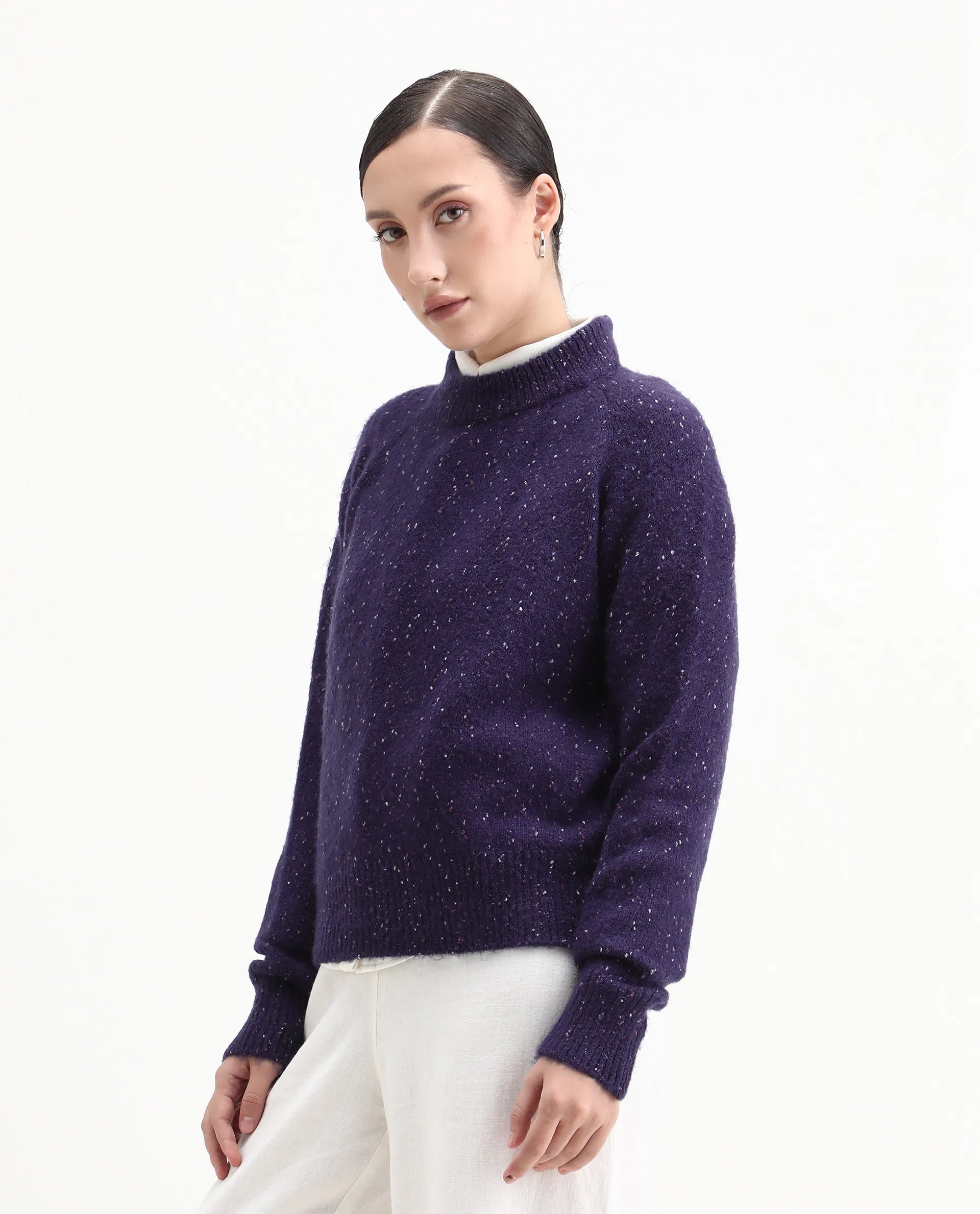 Rareism Women's Tinzol Dark Purple Acrylic Blend Crew Neck Relaxed Fit Sweater