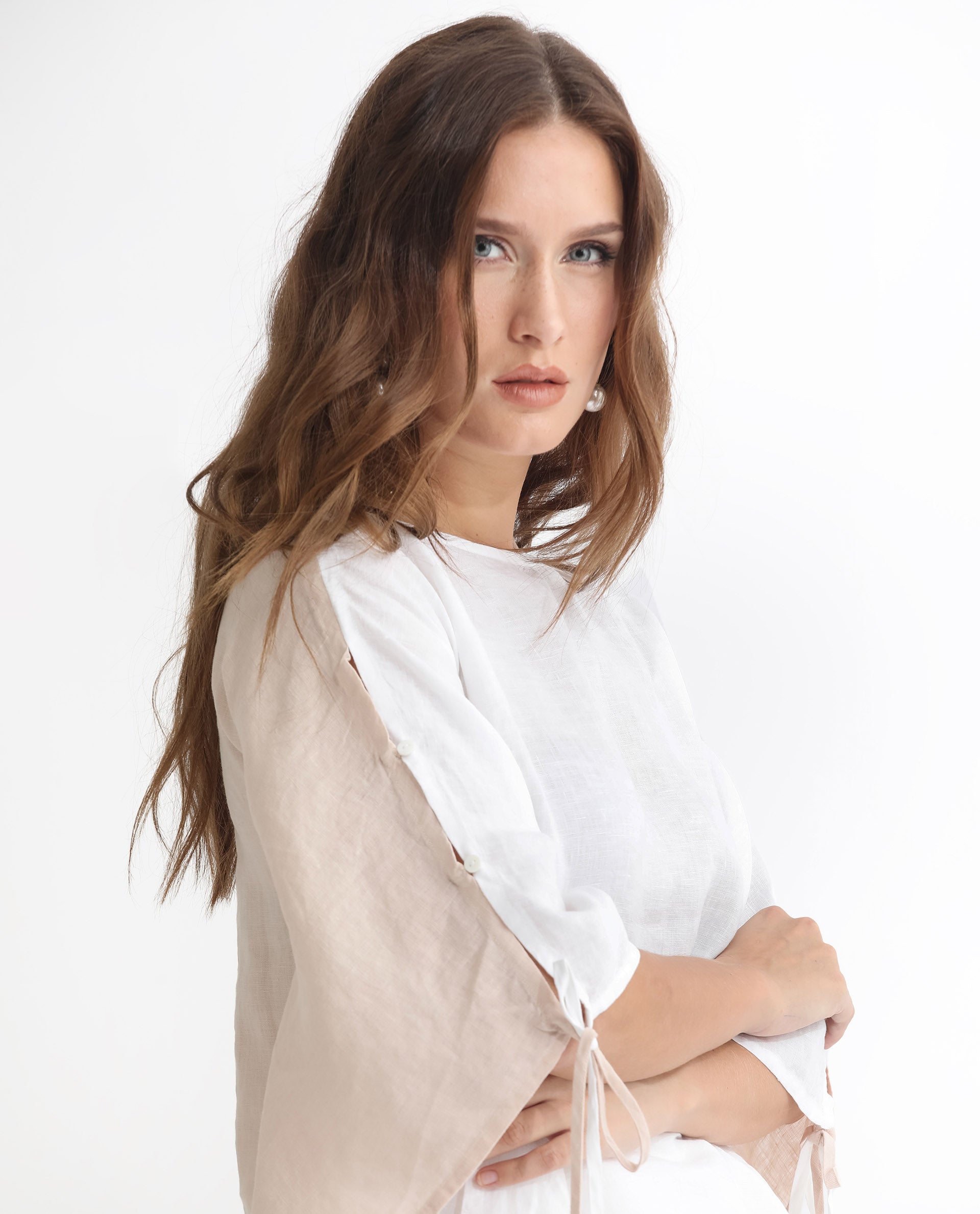 Rareism Women Safron White Linen Fabric Regular Fit Boat Neck Half Sleeves Solid Top