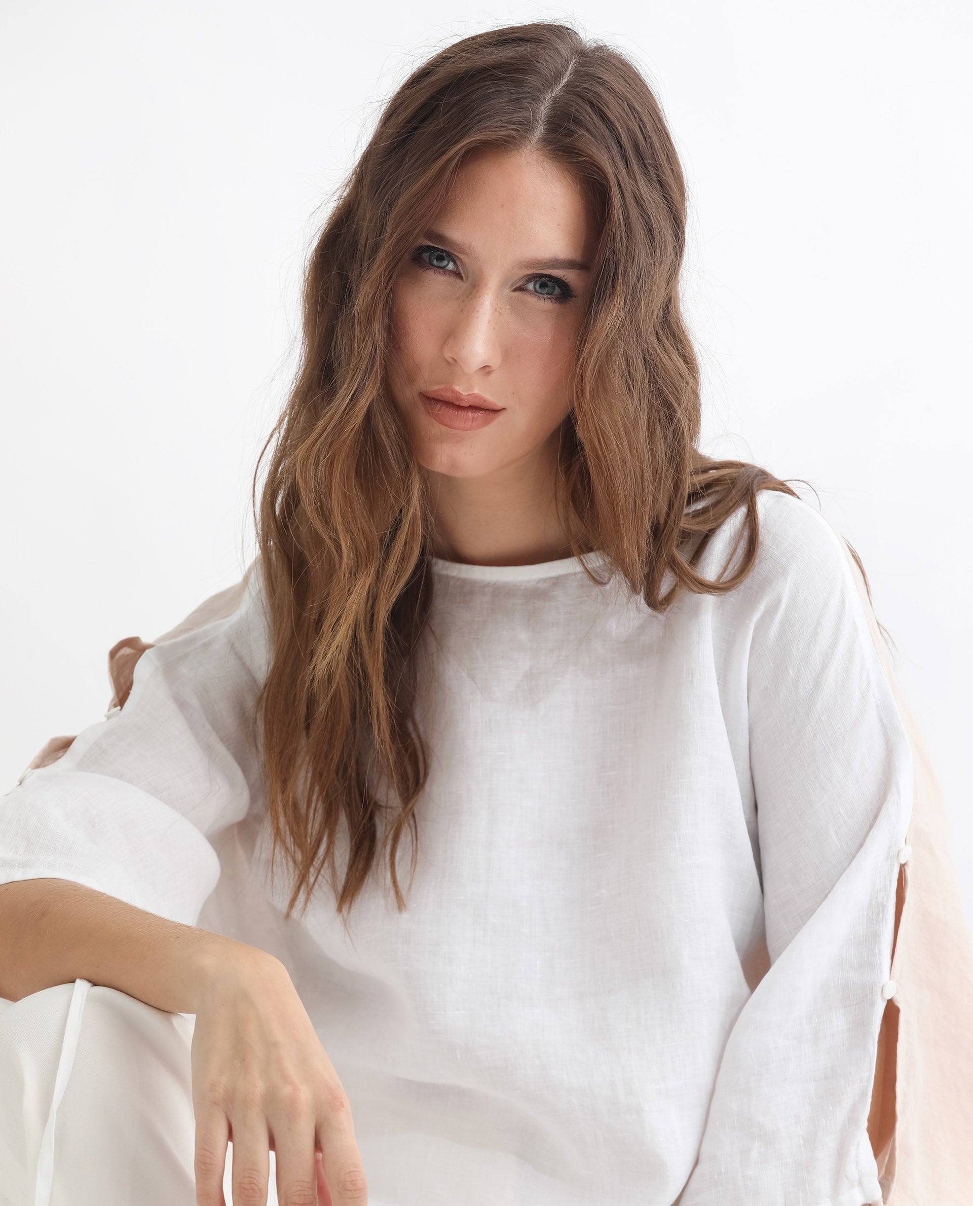 Rareism Women Safron White Linen Fabric Regular Fit Boat Neck Half Sleeves Solid Top