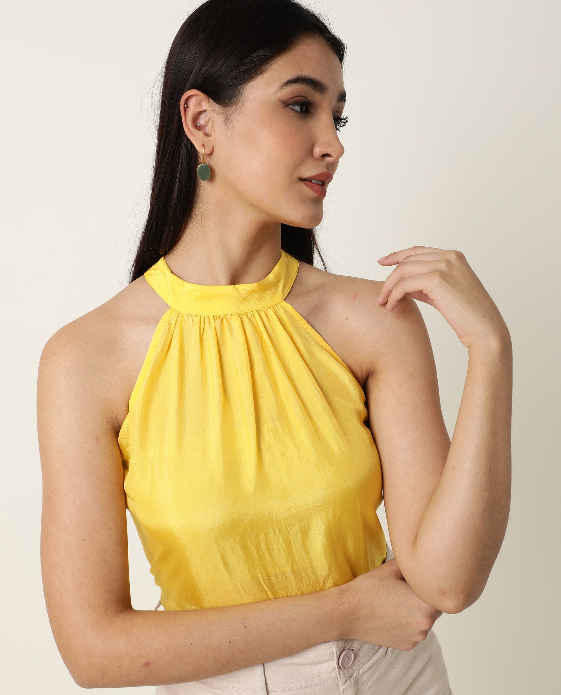Rareism Women Sahano Yellow Poly Viscose Fabric Slim Fit Halter Neck Sleeveless Solid Top