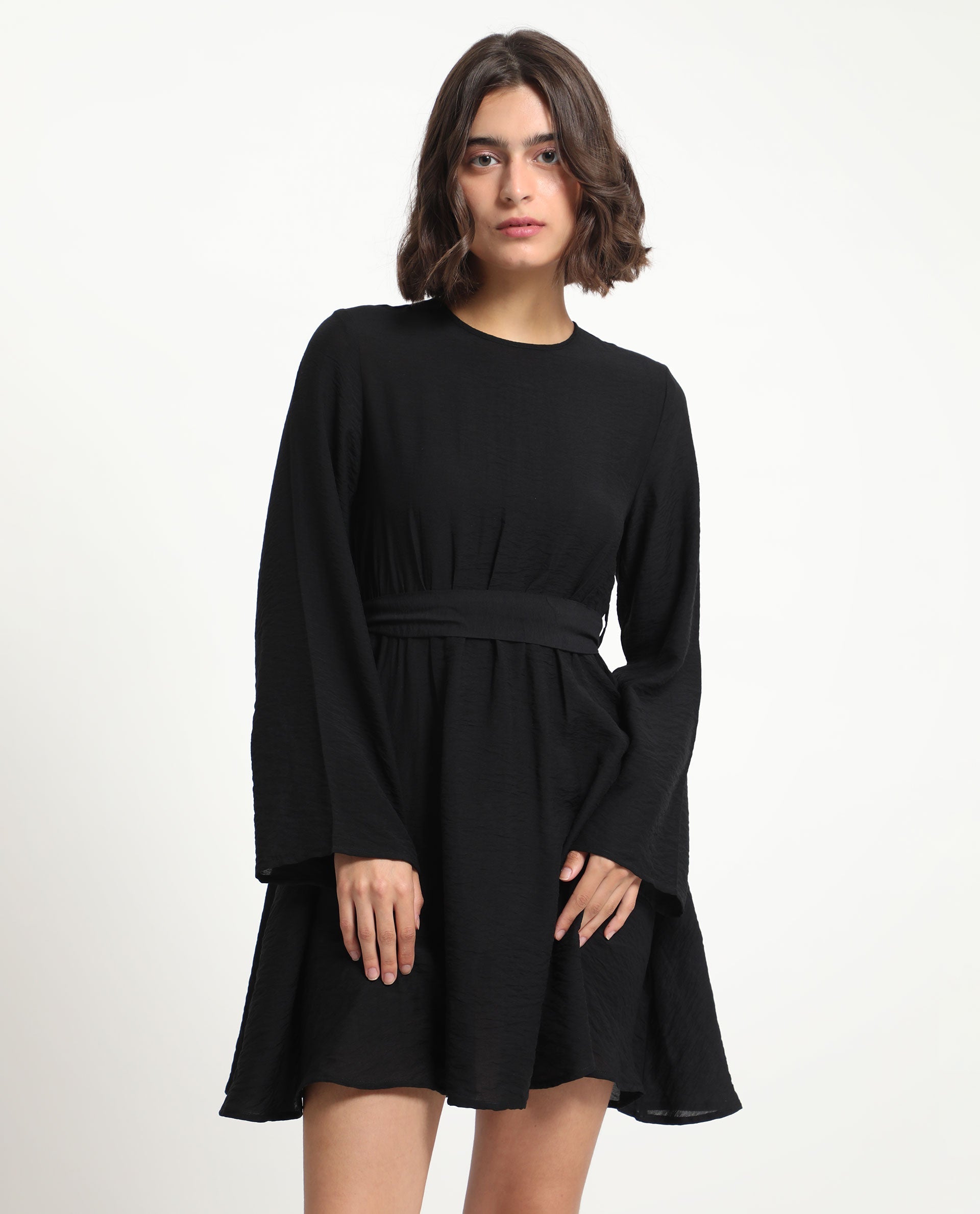 Rareism Women's Sahar Black Viscose Blend Crew Neck Plain Raglan Sleeve Knee Length Fit And Flare Dress