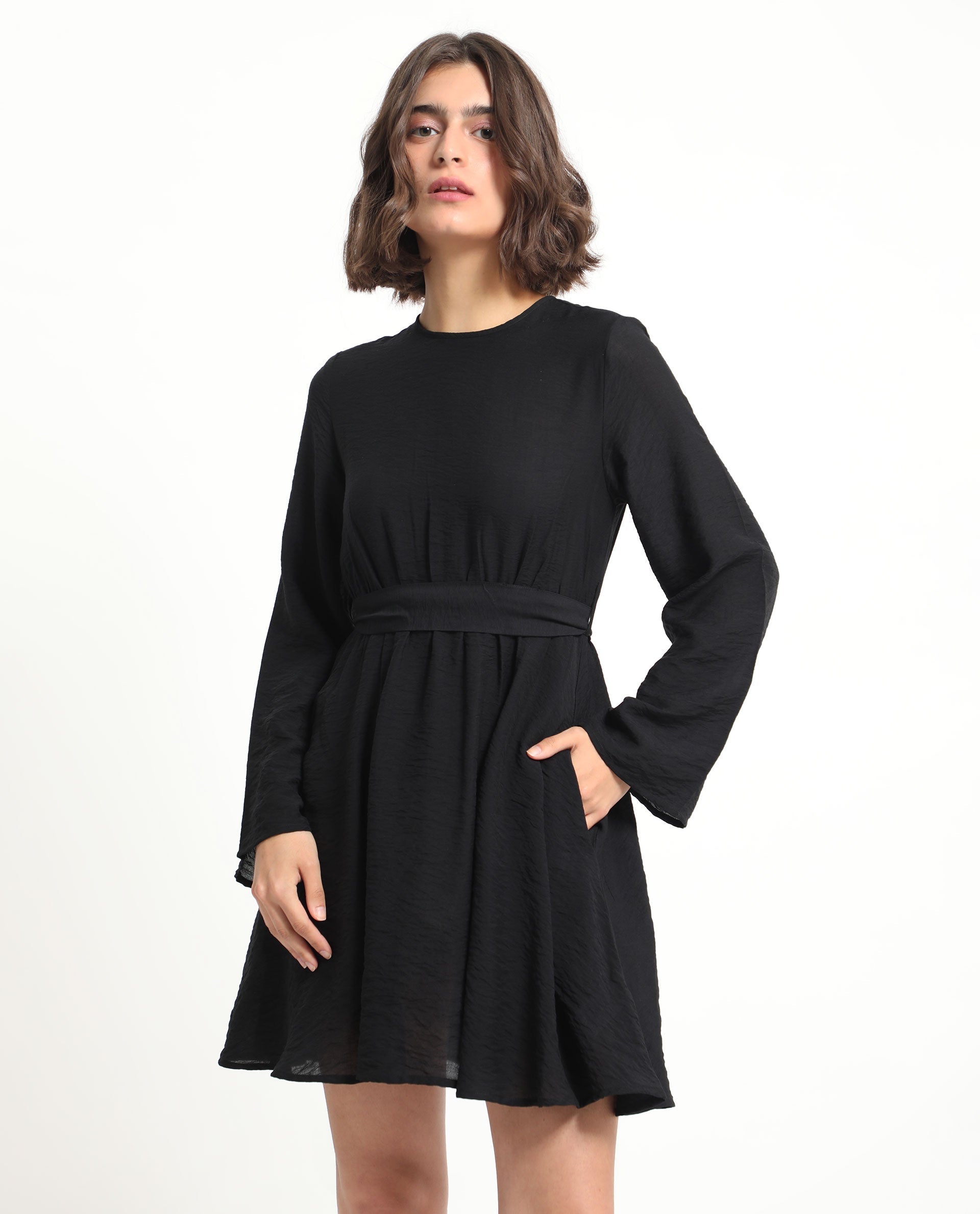 Rareism Women's Sahar Black Viscose Blend Crew Neck Plain Raglan Sleeve Knee Length Fit And Flare Dress