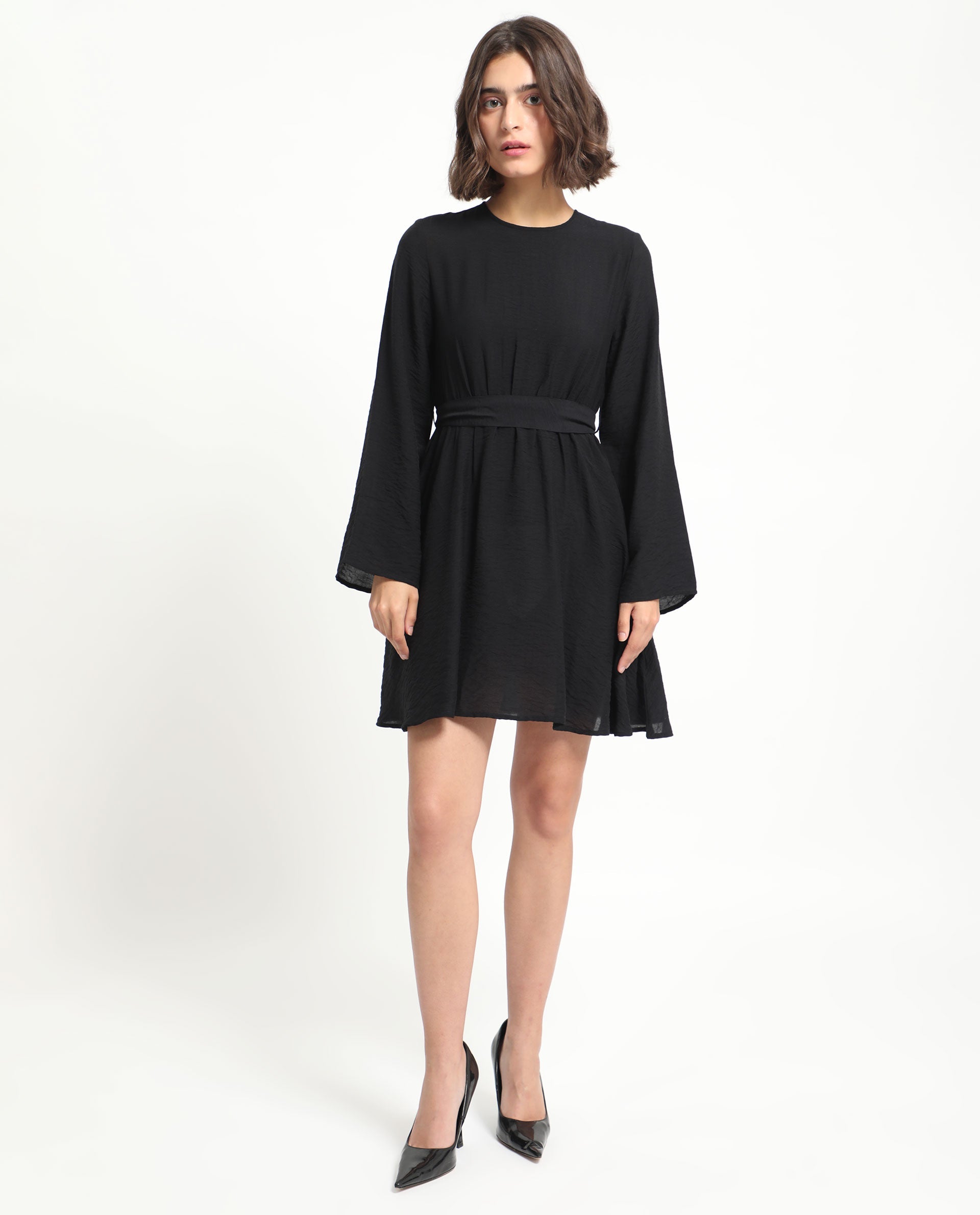 Rareism Women's Sahar Black Viscose Blend Crew Neck Plain Raglan Sleeve Knee Length Fit And Flare Dress
