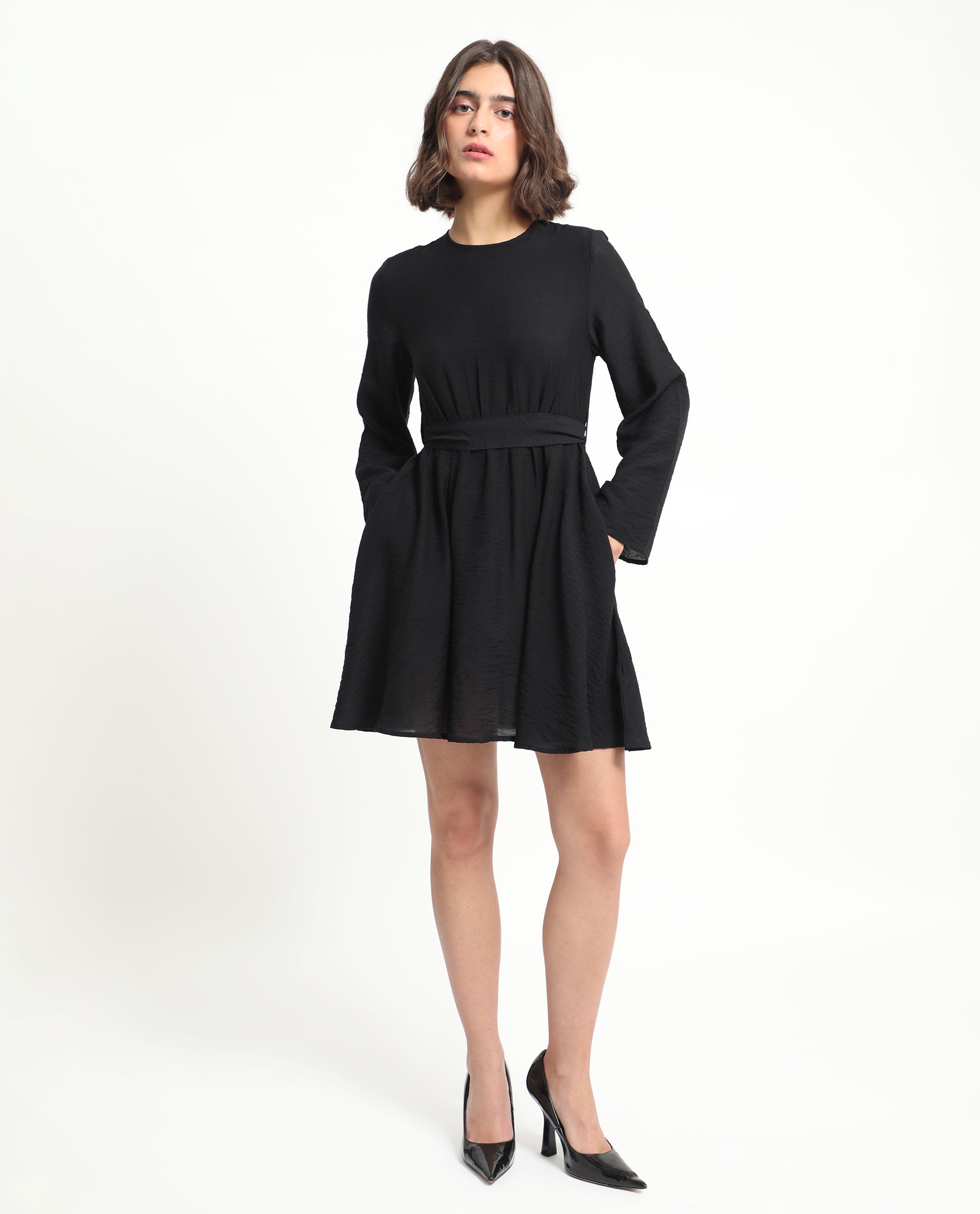 Rareism Women's Sahar Black Viscose Blend Crew Neck Plain Raglan Sleeve Knee Length Fit And Flare Dress