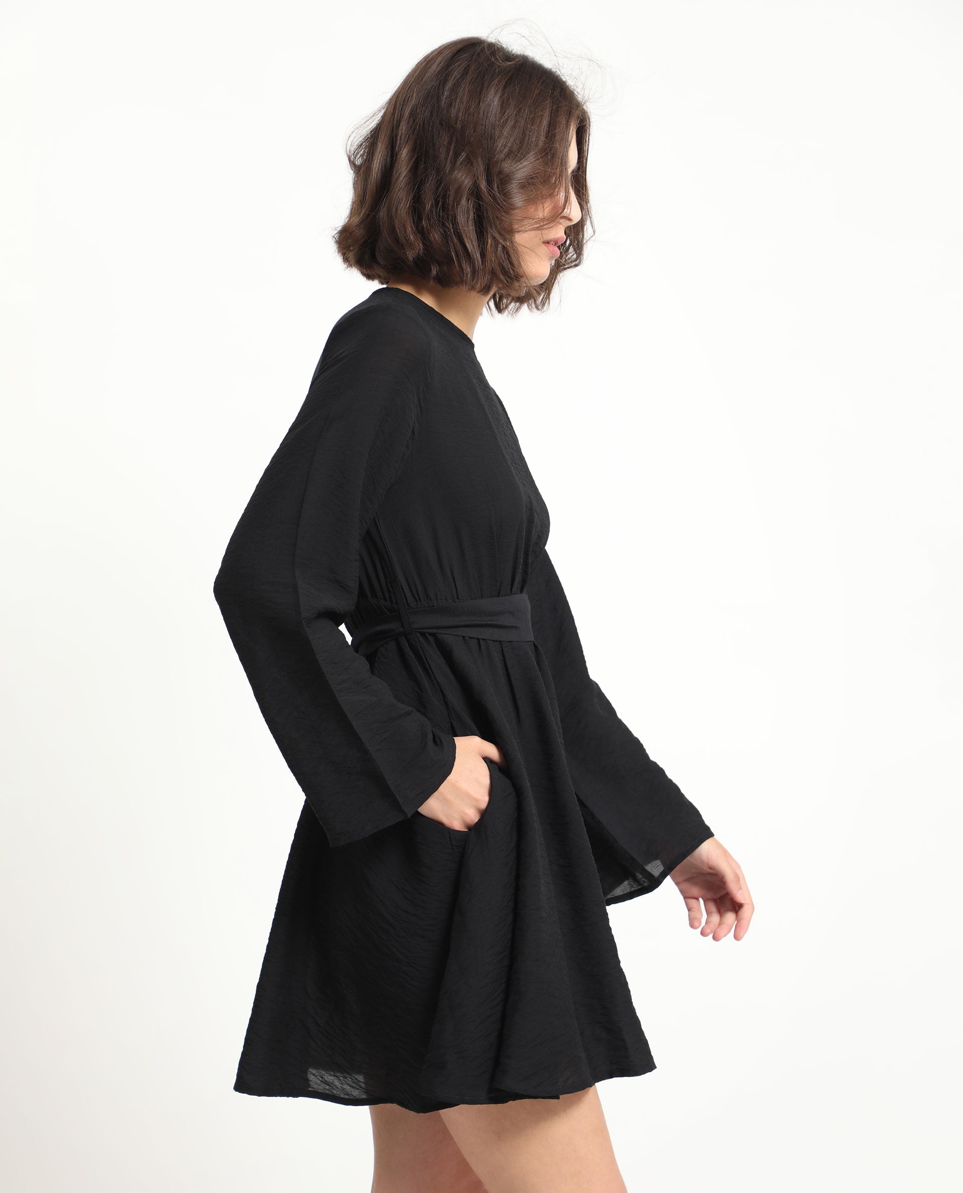 Rareism Women's Sahar Black Viscose Blend Crew Neck Plain Raglan Sleeve Knee Length Fit And Flare Dress