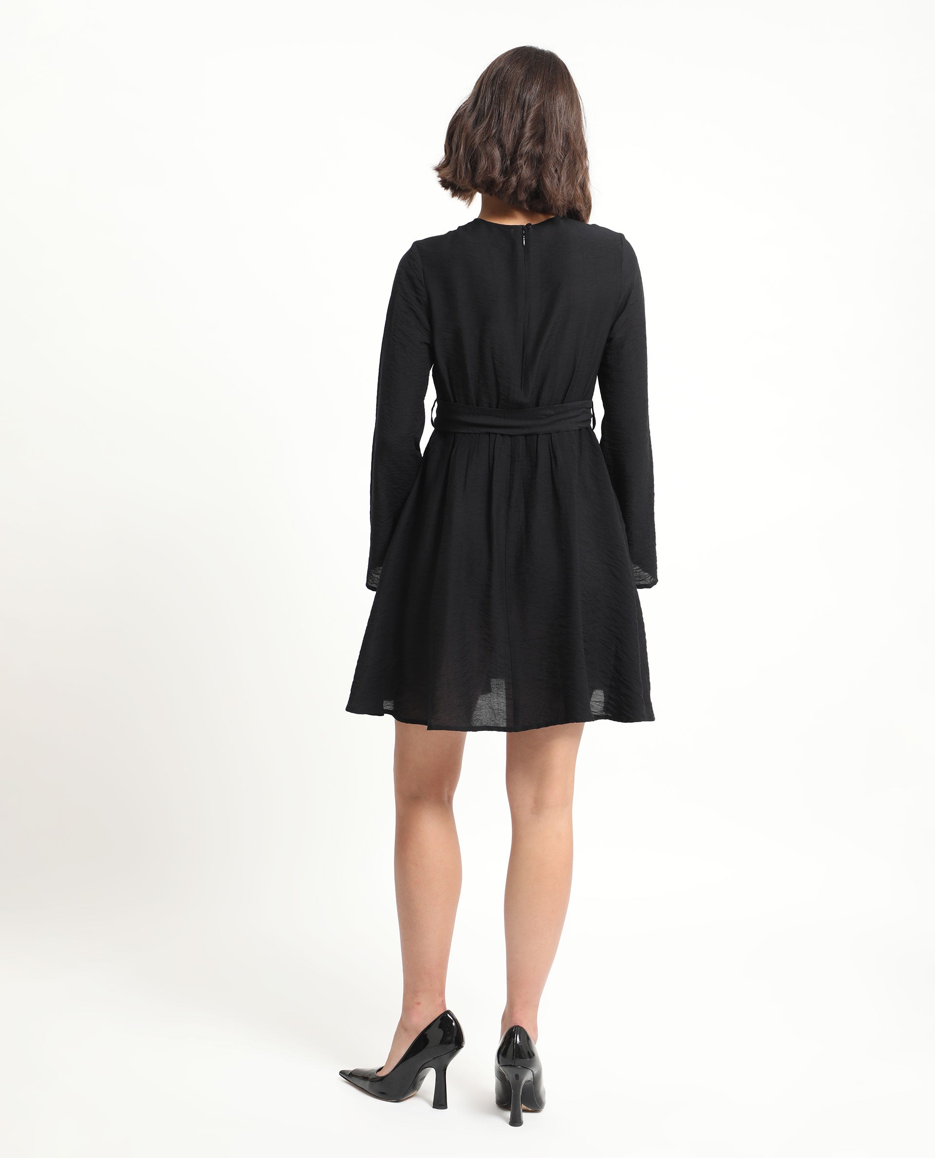 Rareism Women's Sahar Black Viscose Blend Crew Neck Plain Raglan Sleeve Knee Length Fit And Flare Dress