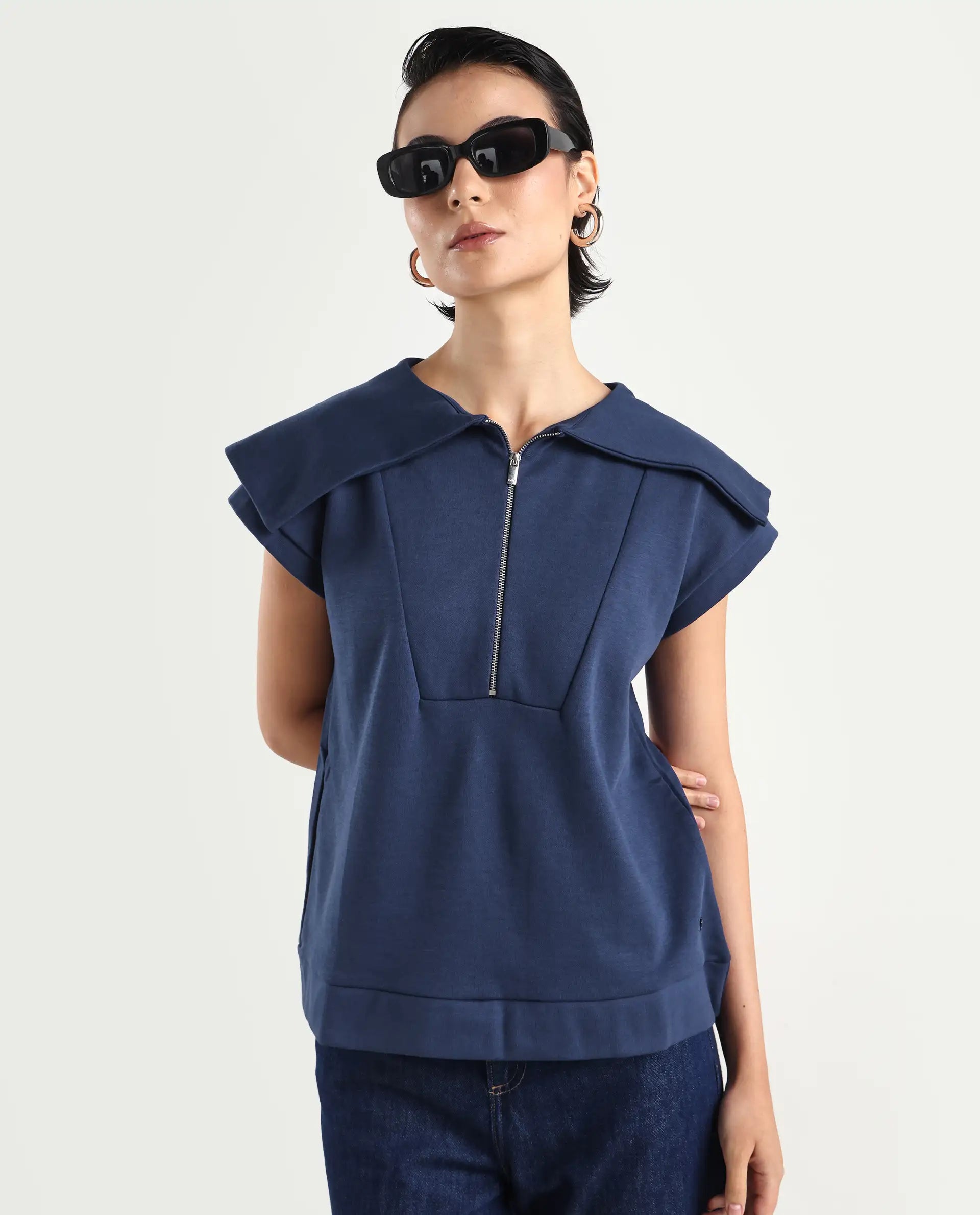 Rareism Women's Sail Navy Cotton Spread Collar Plain Extended Sleeves Relaxed Fit Sweatshirt